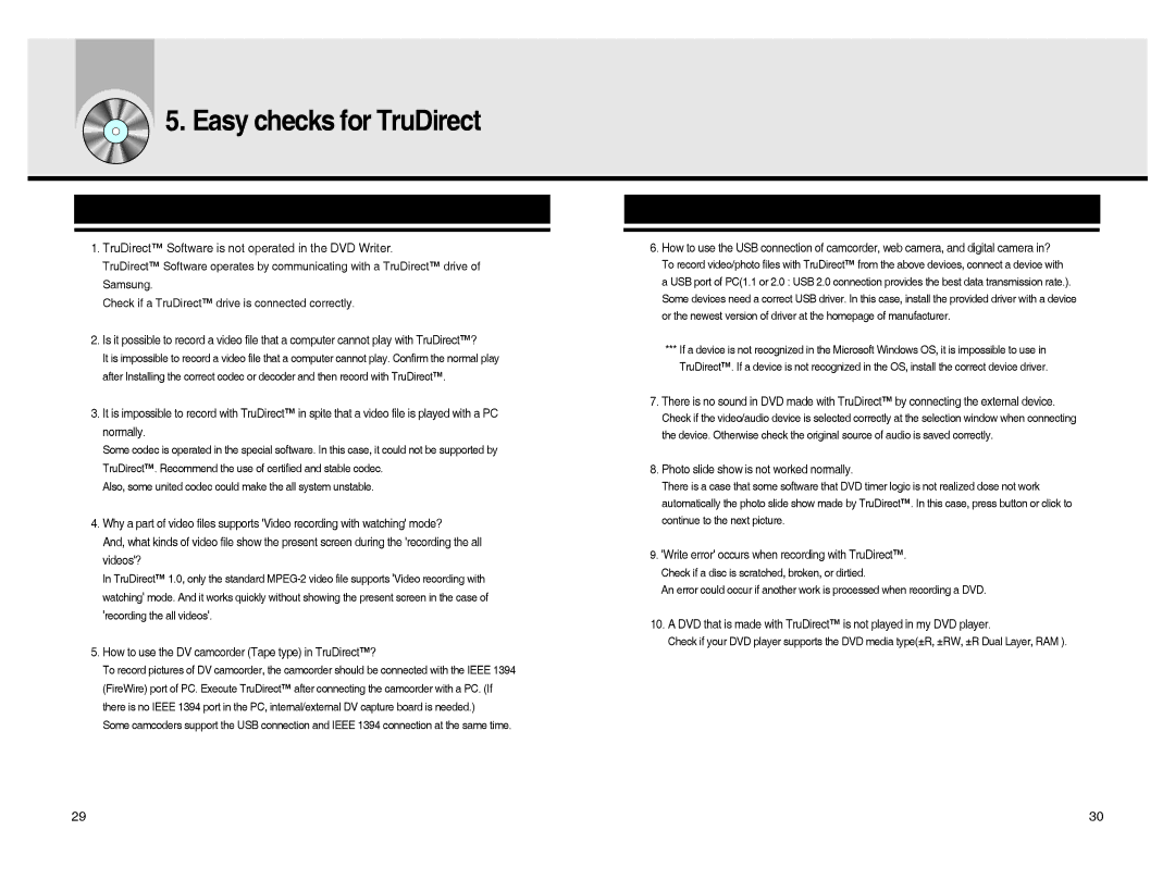 Samsung BG68-01526A, SE-S204S user manual Easy checks for TruDirect, TruDirect Software is not operated in the DVD Writer 