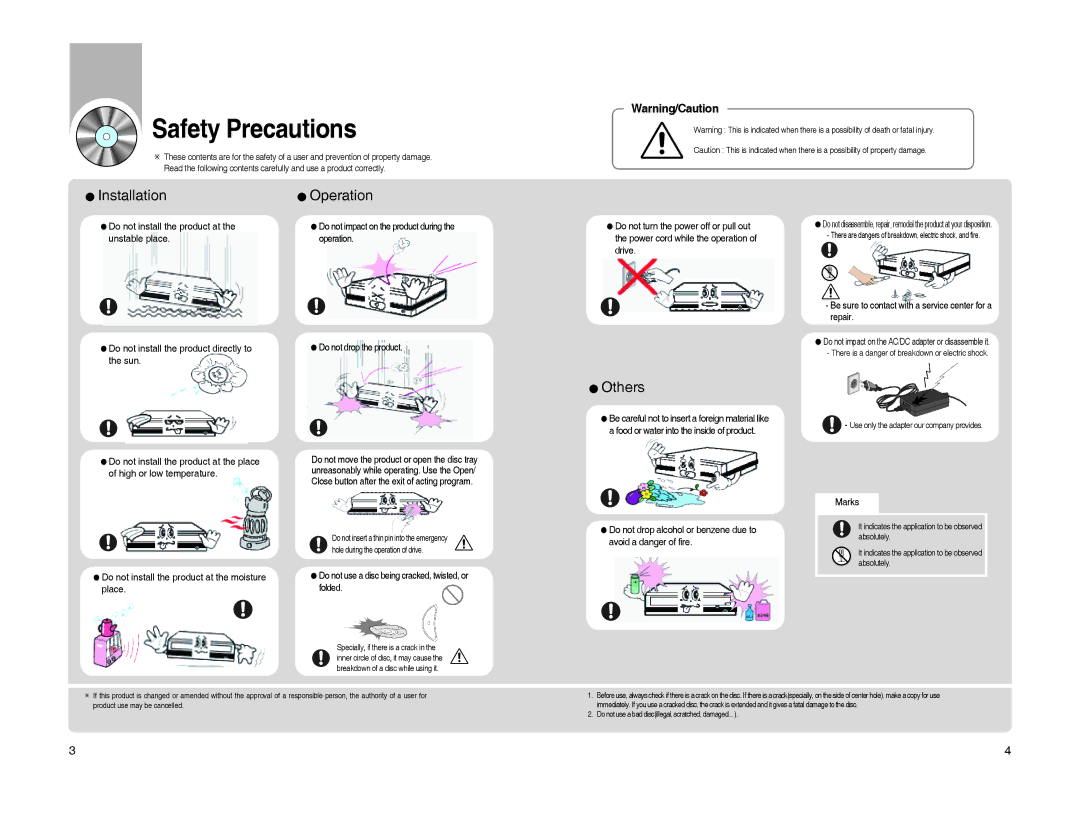 Samsung SE-S204S, BG68-01526A user manual Safety Precautions, Do not use a disc being cracked, twisted, or folded, Marks 