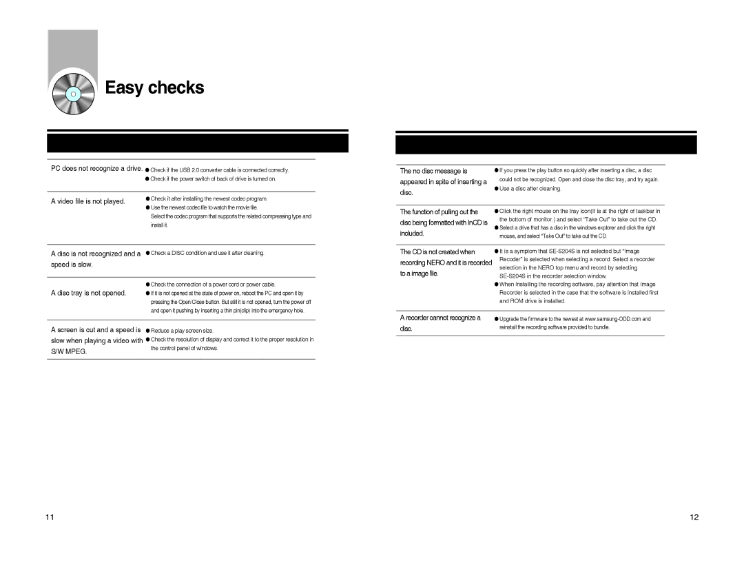 Samsung SE-S204S Easy checks, Appeared in spite of inserting a, Function of pulling out, Recorder cannot recognize a 