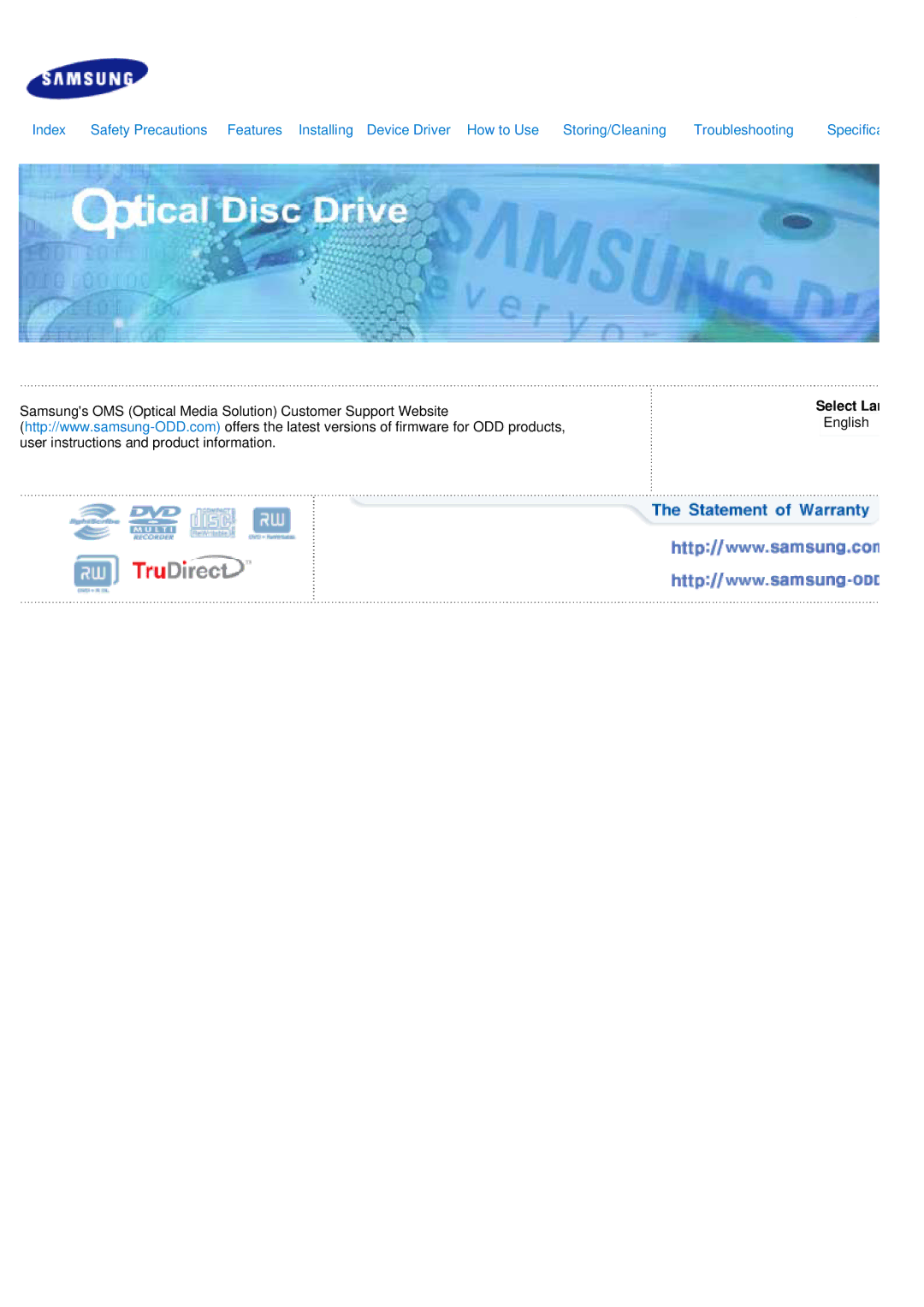 Samsung SE-S224Q user manual Samsungs OMS Optical Media Solution Customer Support Website 