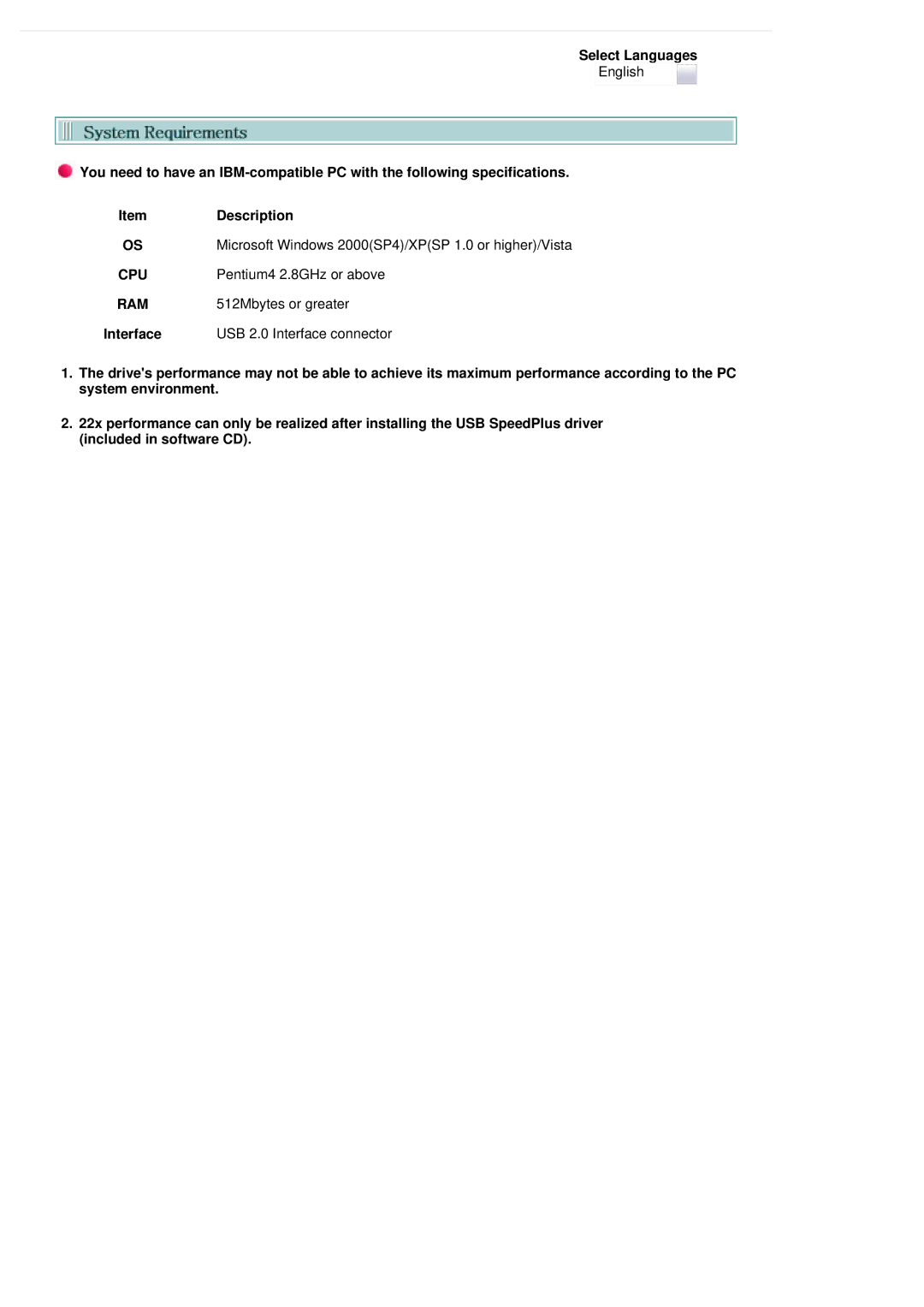 Samsung SE-S224Q user manual Cpu, Pentium4 2.8GHz or above, Ram, 512Mbytes or greater, USB 2.0 Interface connector 