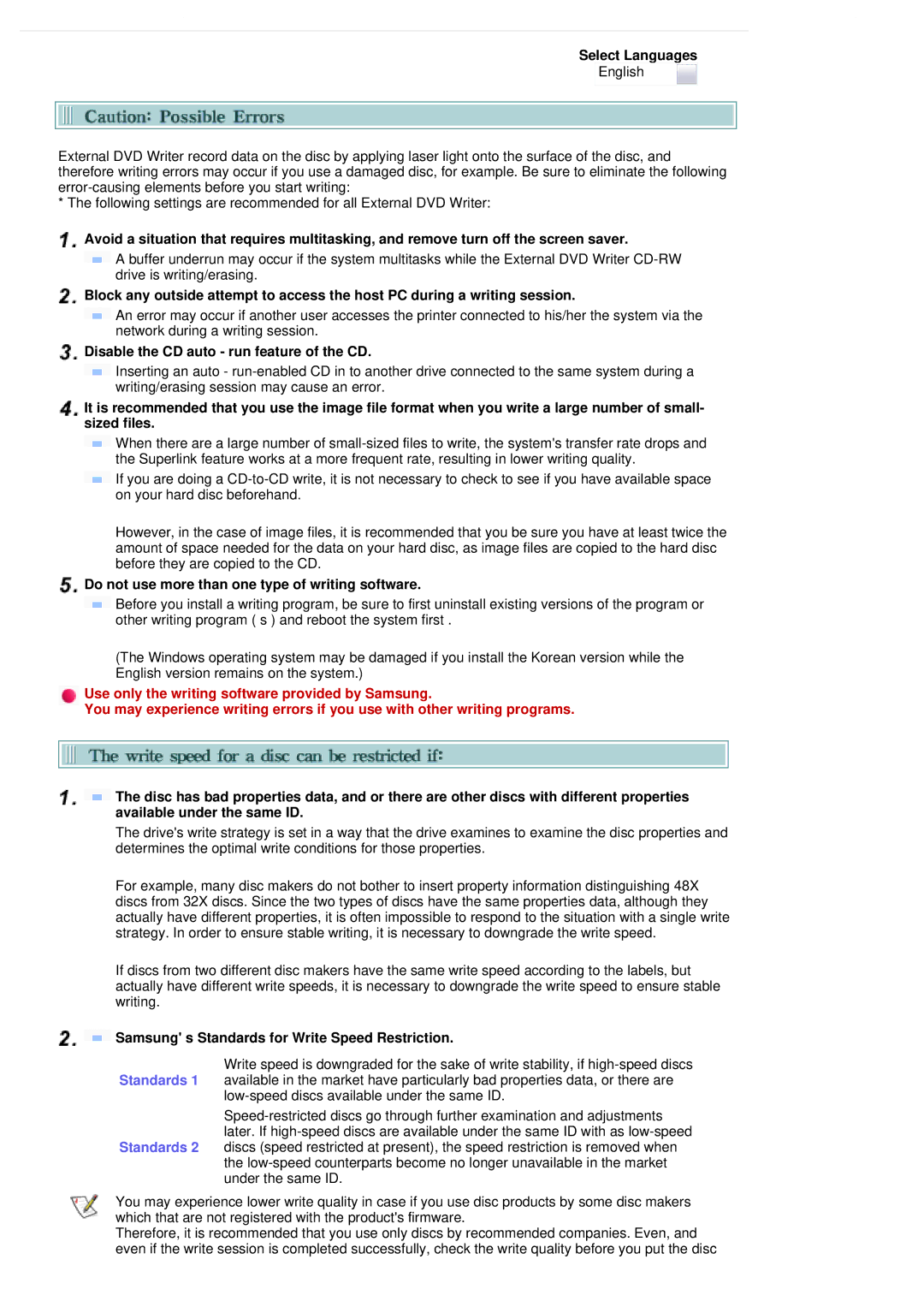 Samsung SE-S224Q user manual Disable the CD auto run feature of the CD, Do not use more than one type of writing software 