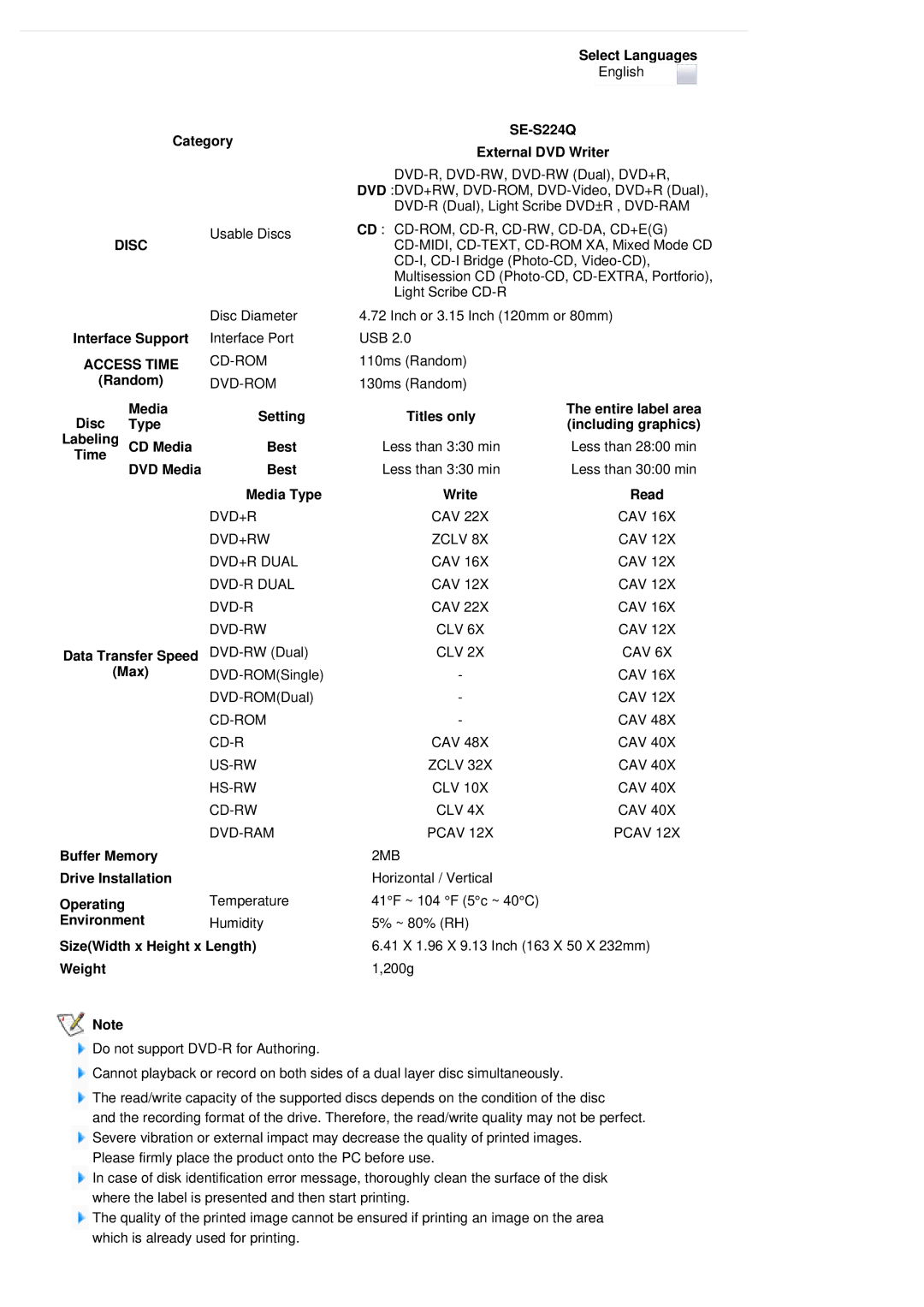 Samsung SE-S224Q user manual Disc, Access Time 