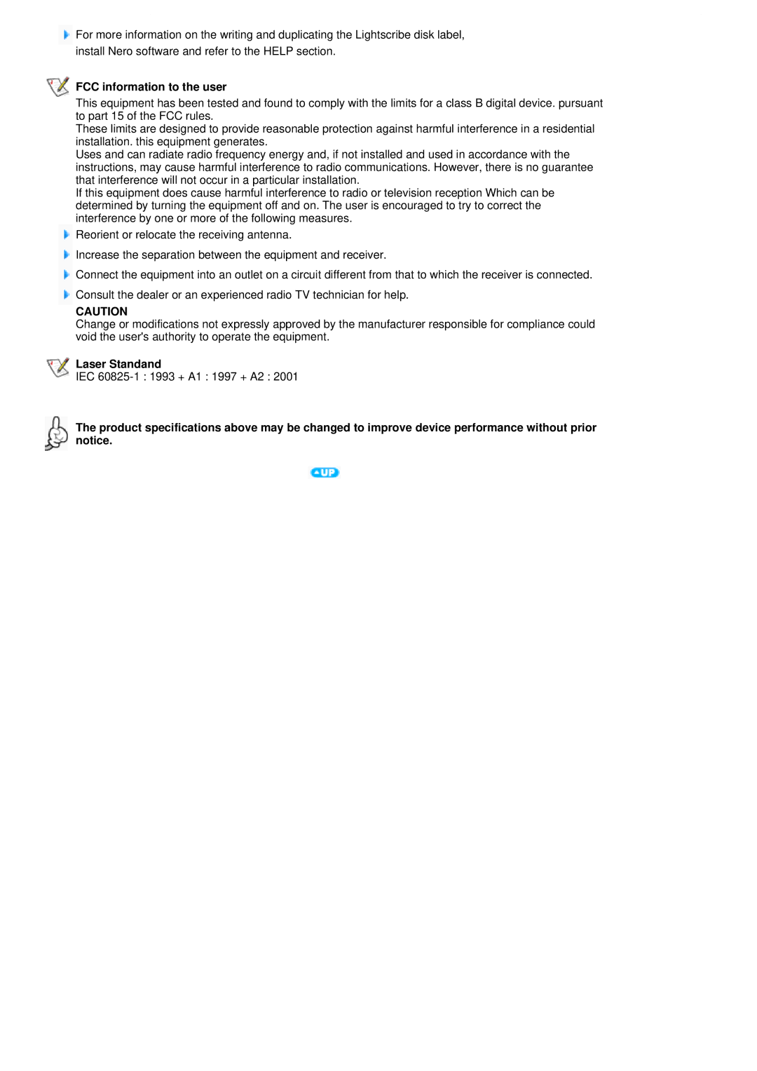 Samsung SE-S224Q user manual FCC information to the user, Laser Standand 