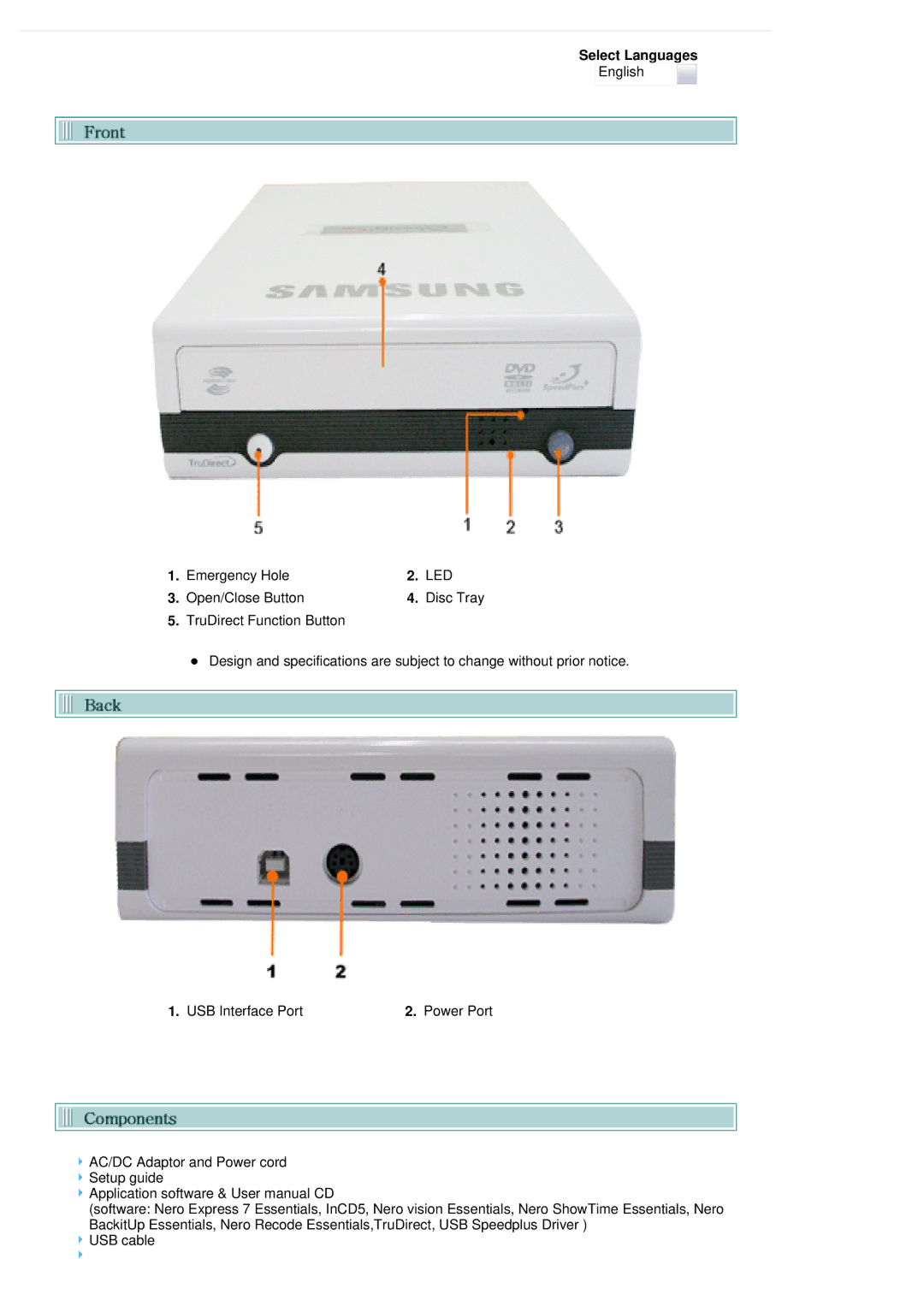 Samsung SE-S224Q user manual Emergency Hole, Led, Open/Close Button Disc Tray, USB Interface Port Power Port 