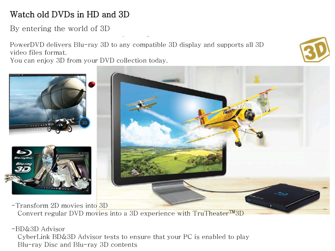 Samsung SE-506BB/TSBD, SE506BBTSWD manual Watch old DVDs in HD and 3D, By entering the world of 3D 