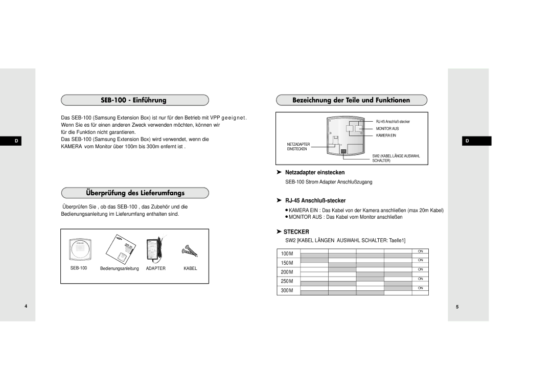 Samsung SEB-100 Einführung Bezeichnung der Teile und Funktionen, Überprüfung des Lieferumfangs, Netzadapter einstecken 