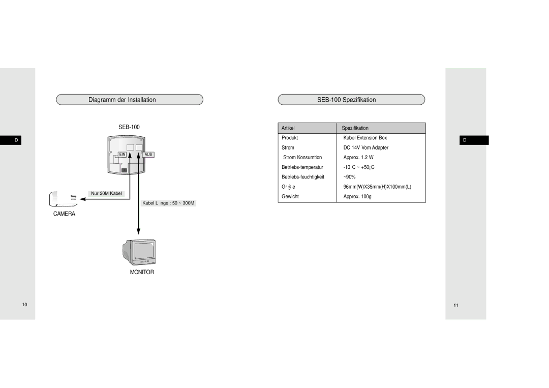 Samsung manuel dutilisation Diagramm der Installation, SEB-100 Spezifikation, Artikel Spezifikation 