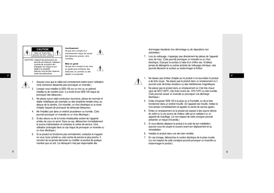 Samsung SEB-100 manuel dutilisation Avertissement 