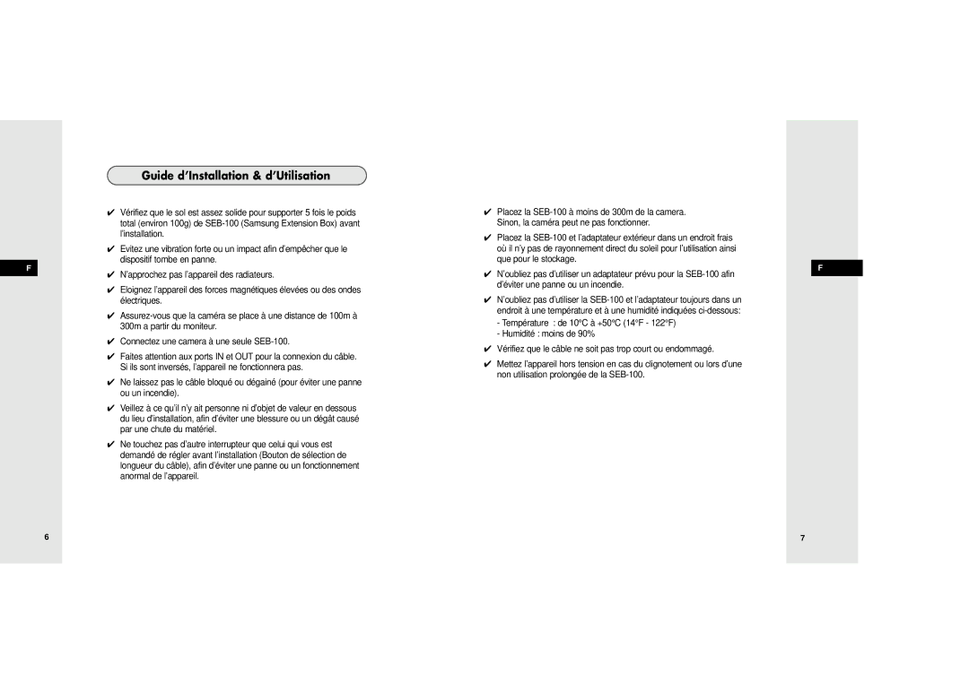 Samsung SEB-100 manuel dutilisation Guide d’Installation & d’Utilisation, Ou un incendie 