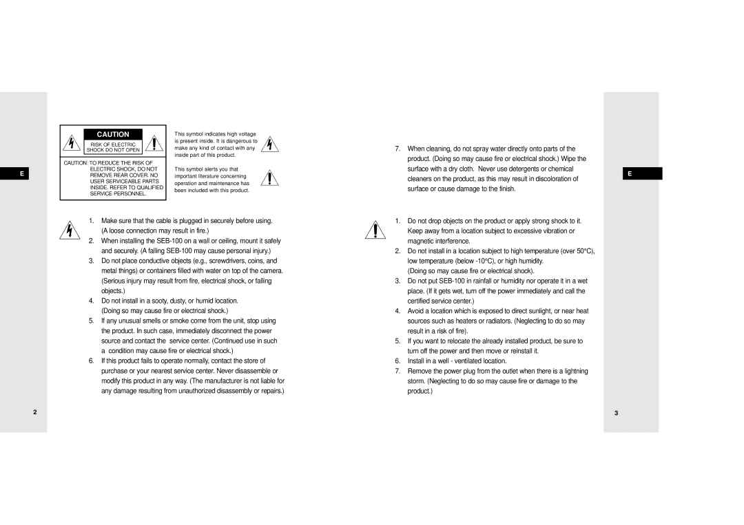 Samsung SEB-100 manuel dutilisation Risk of Electric Shock do not Open 