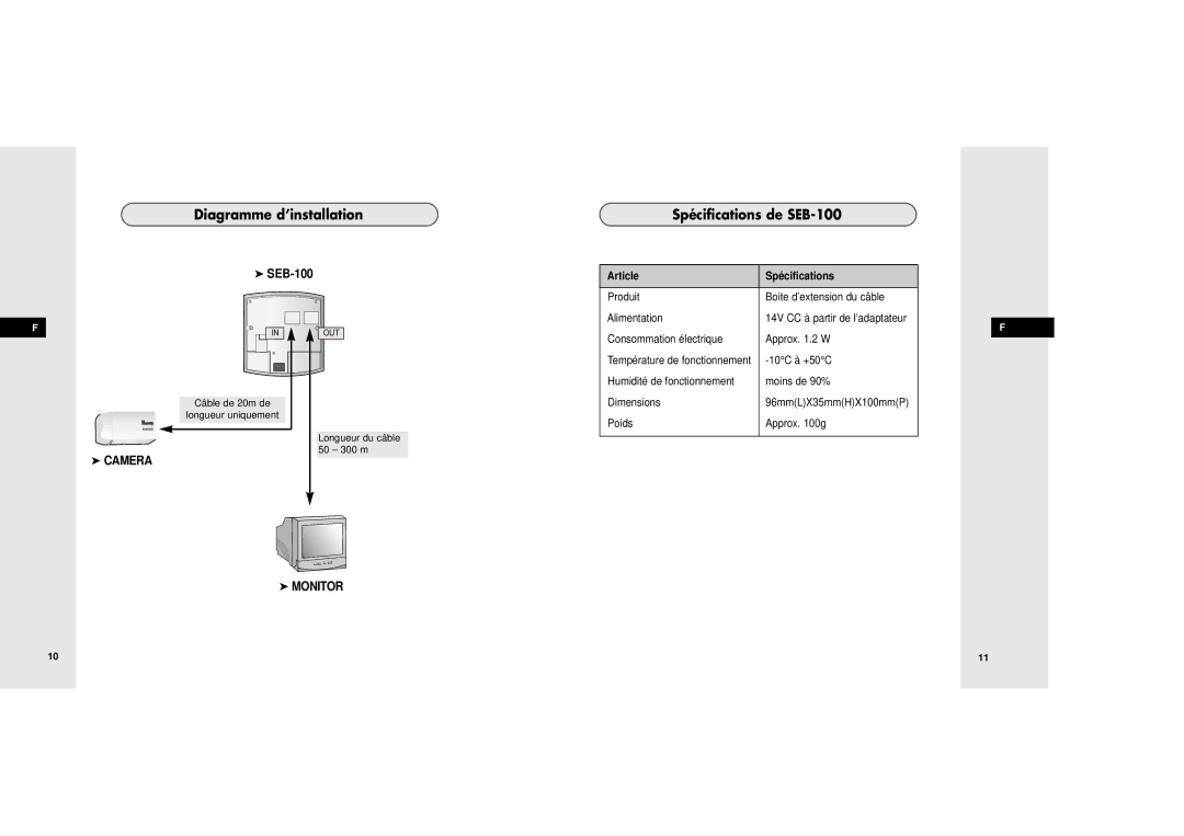 Samsung manuel dutilisation Diagramme d’installation, Spécifications de SEB-100, Article Spé cifications 