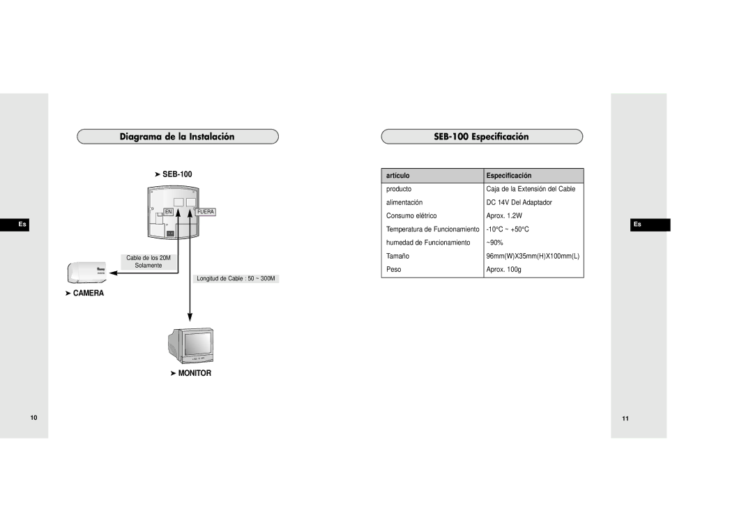 Samsung manuel dutilisation Diagrama de la Instalación, SEB-100 Especificación, Artículo Especificació n 