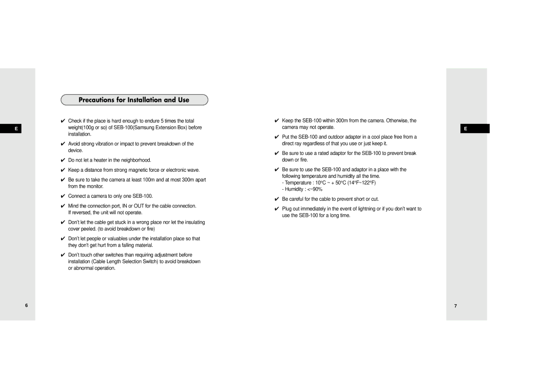 Samsung SEB-100 manuel dutilisation Precautions for Installation and Use 