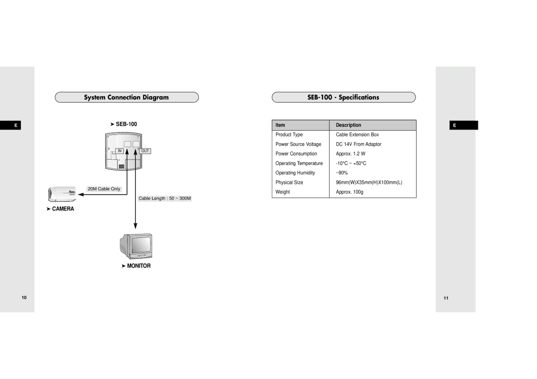 Samsung manuel dutilisation System Connection Diagram, SEB-100 Specifications, Description 