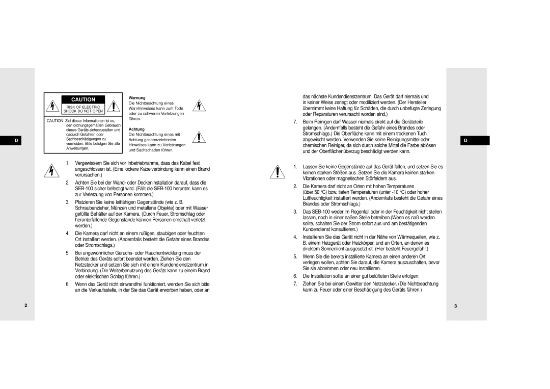 Samsung SEB-100 manuel dutilisation Warnung 