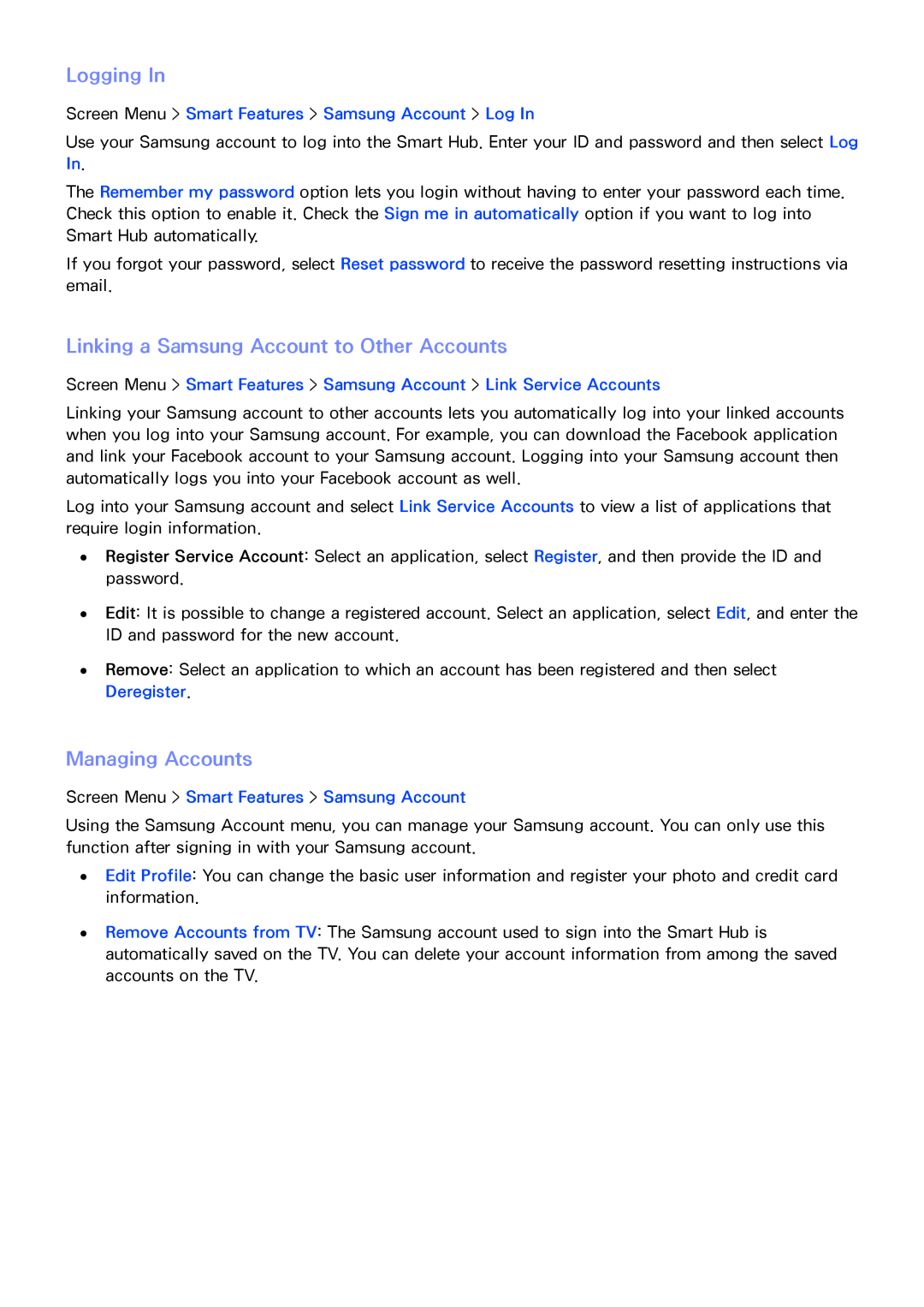 Samsung SEK-1000 manual Logging In, Linking a Samsung Account to Other Accounts, Managing Accounts 