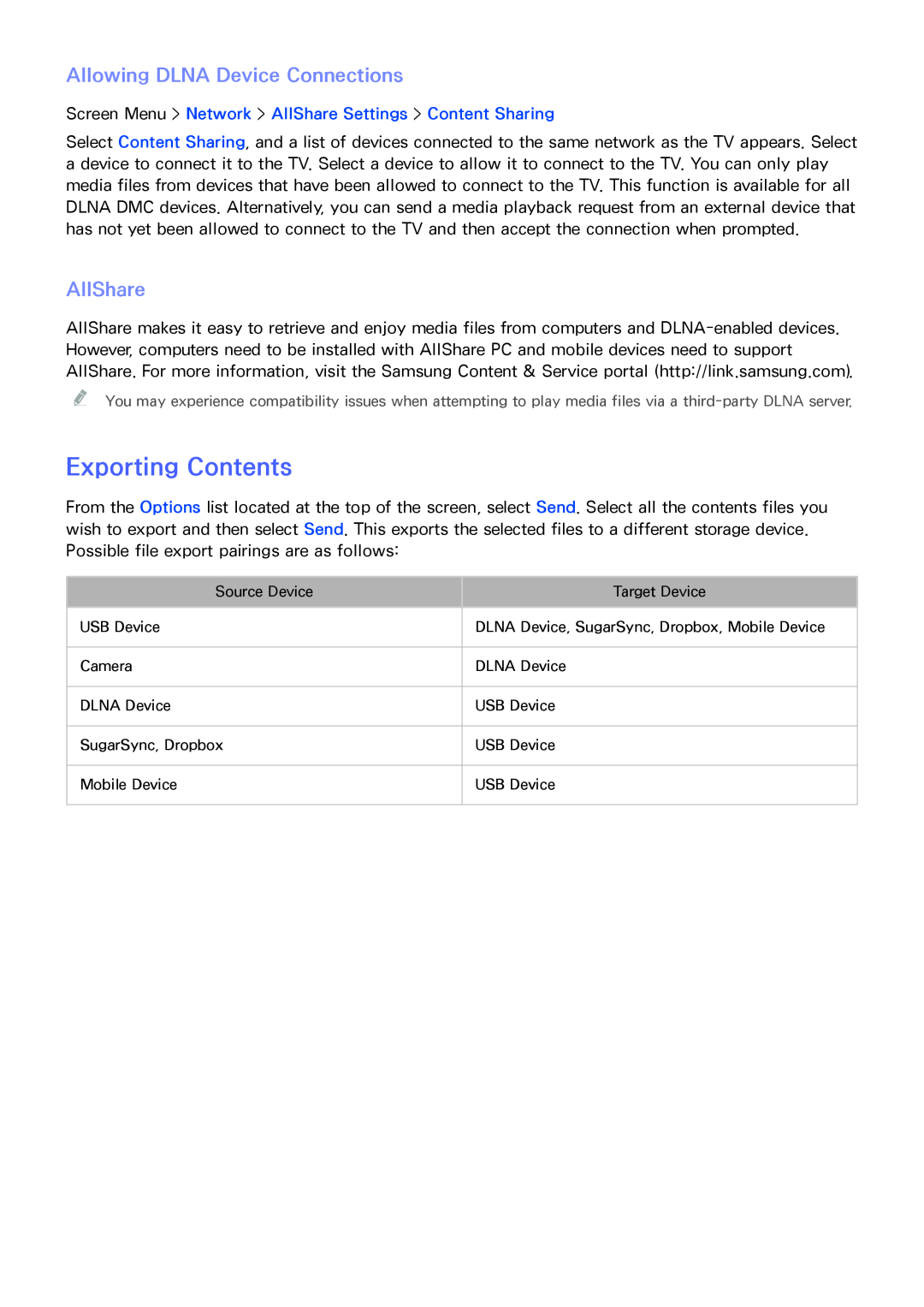 Samsung SEK-1000 manual Exporting Contents, Allowing DLNA Device Connections, AllShare 