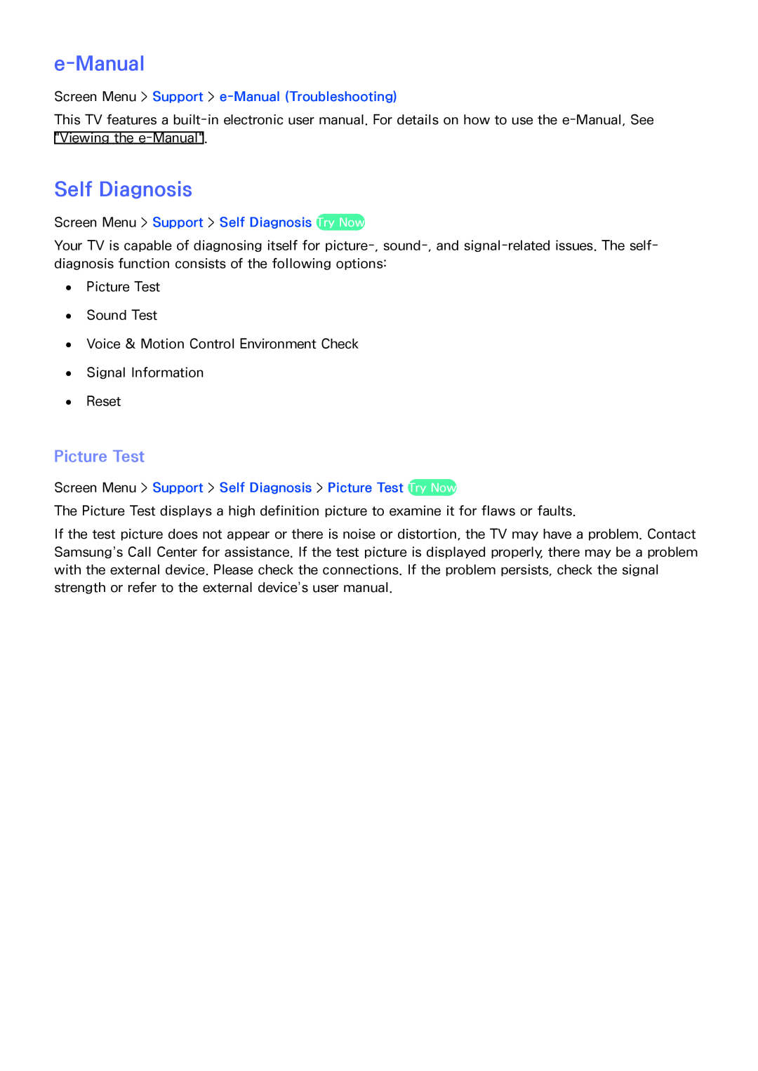 Samsung SEK-1000 manual Self Diagnosis, Picture Test, Screen Menu > Support > e-ManualTroubleshooting 