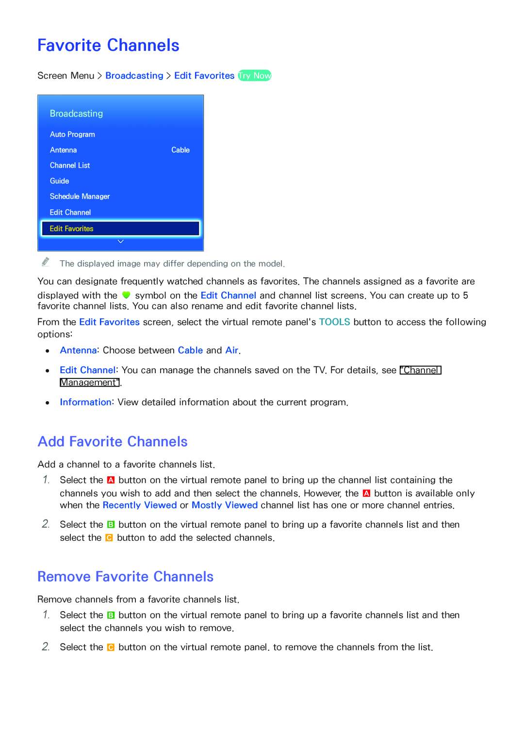 Samsung SEK-1000 manual Add Favorite Channels, Remove Favorite Channels, Broadcasting 