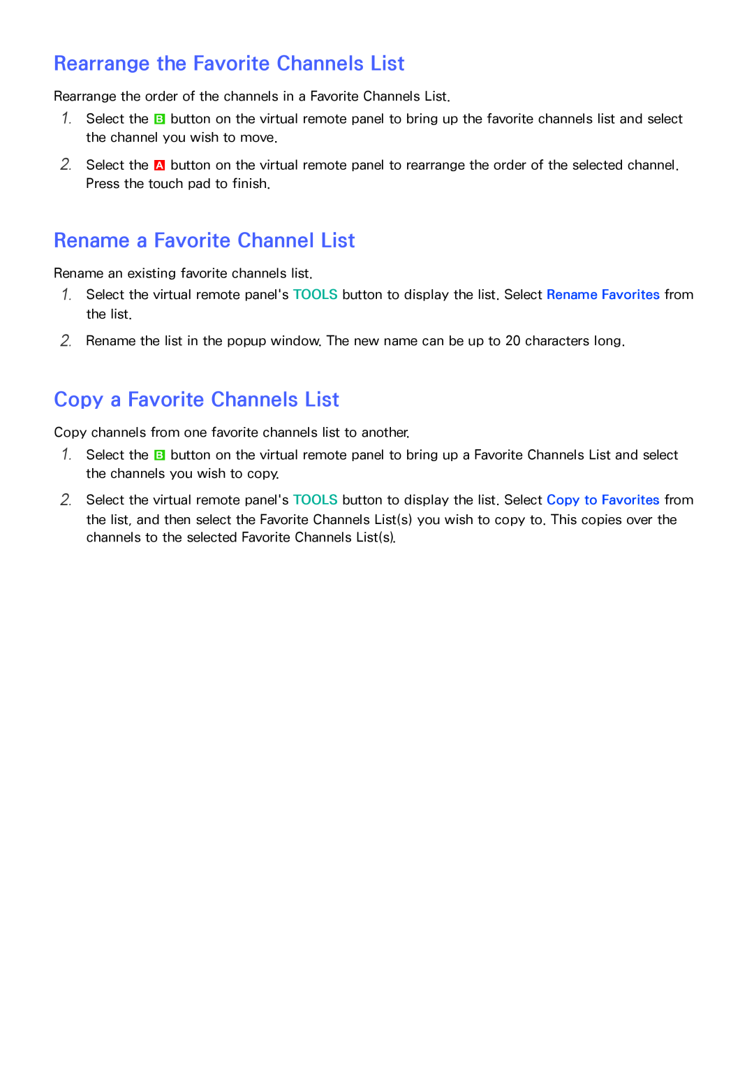 Samsung SEK-1000 manual Rearrange the Favorite Channels List, Rename a Favorite Channel List, Copy a Favorite Channels List 