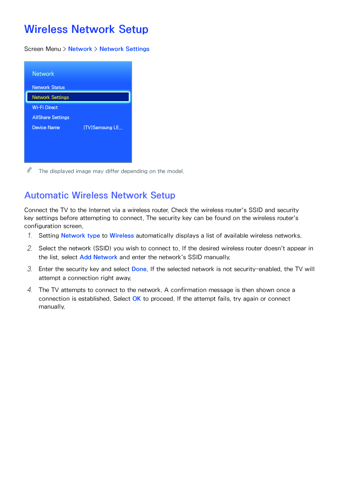 Samsung SEK-1000 manual Automatic Wireless Network Setup, Screen Menu > Network > Network Settings 