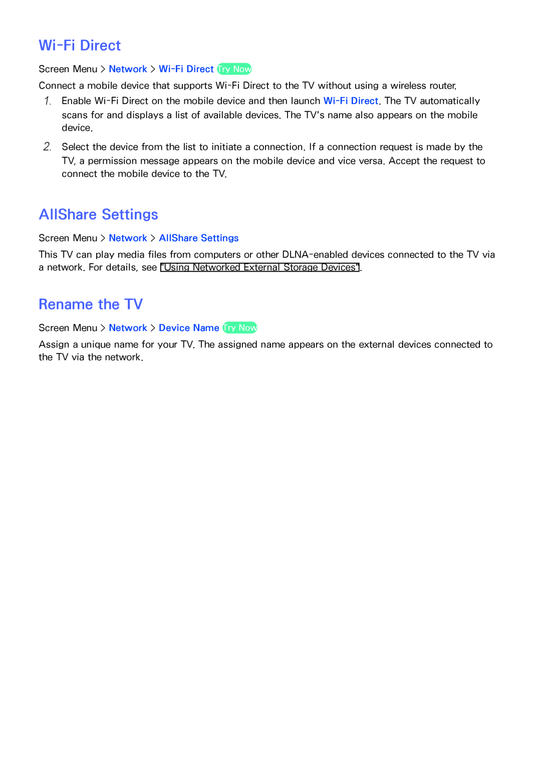 Samsung SEK-1000 manual AllShare Settings, Rename the TV, Screen Menu > Network > Wi-FiDirect Try Now 