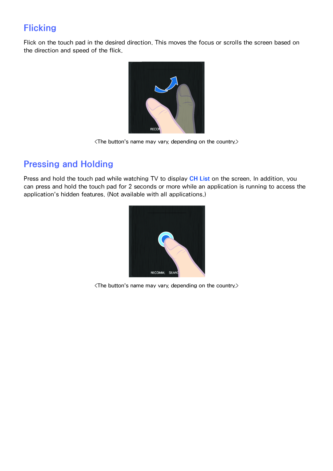 Samsung SEK-1000 manual Flicking, Pressing and Holding 