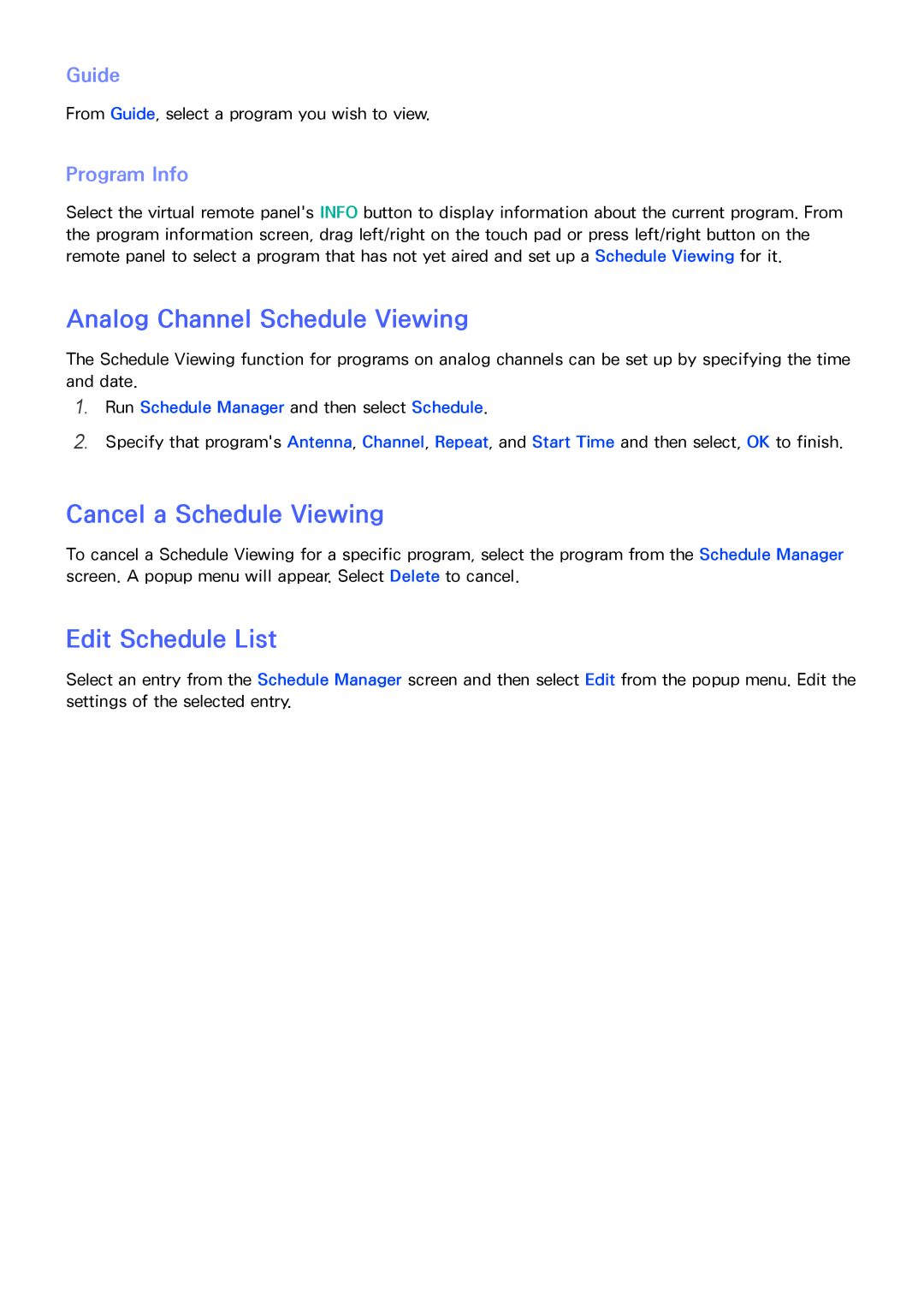 Samsung SEK-1000 manual Analog Channel Schedule Viewing, Cancel a Schedule Viewing, Edit Schedule List, Guide, Program Info 