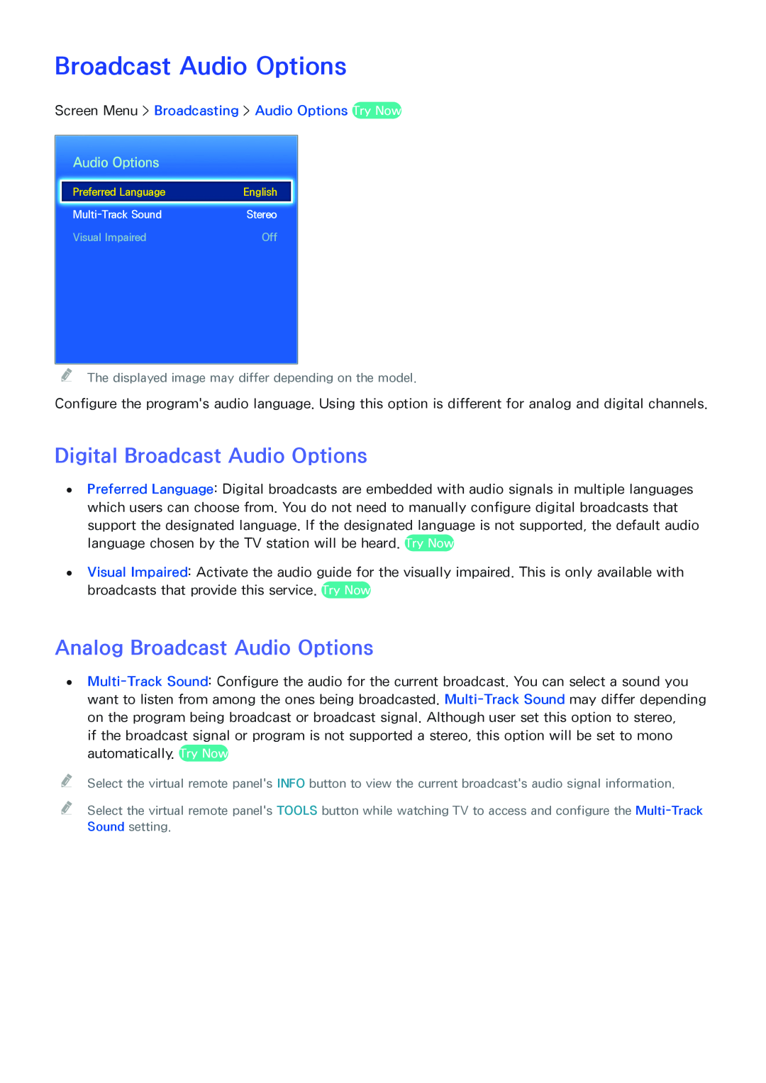 Samsung SEK-1000 manual Digital Broadcast Audio Options, Analog Broadcast Audio Options 