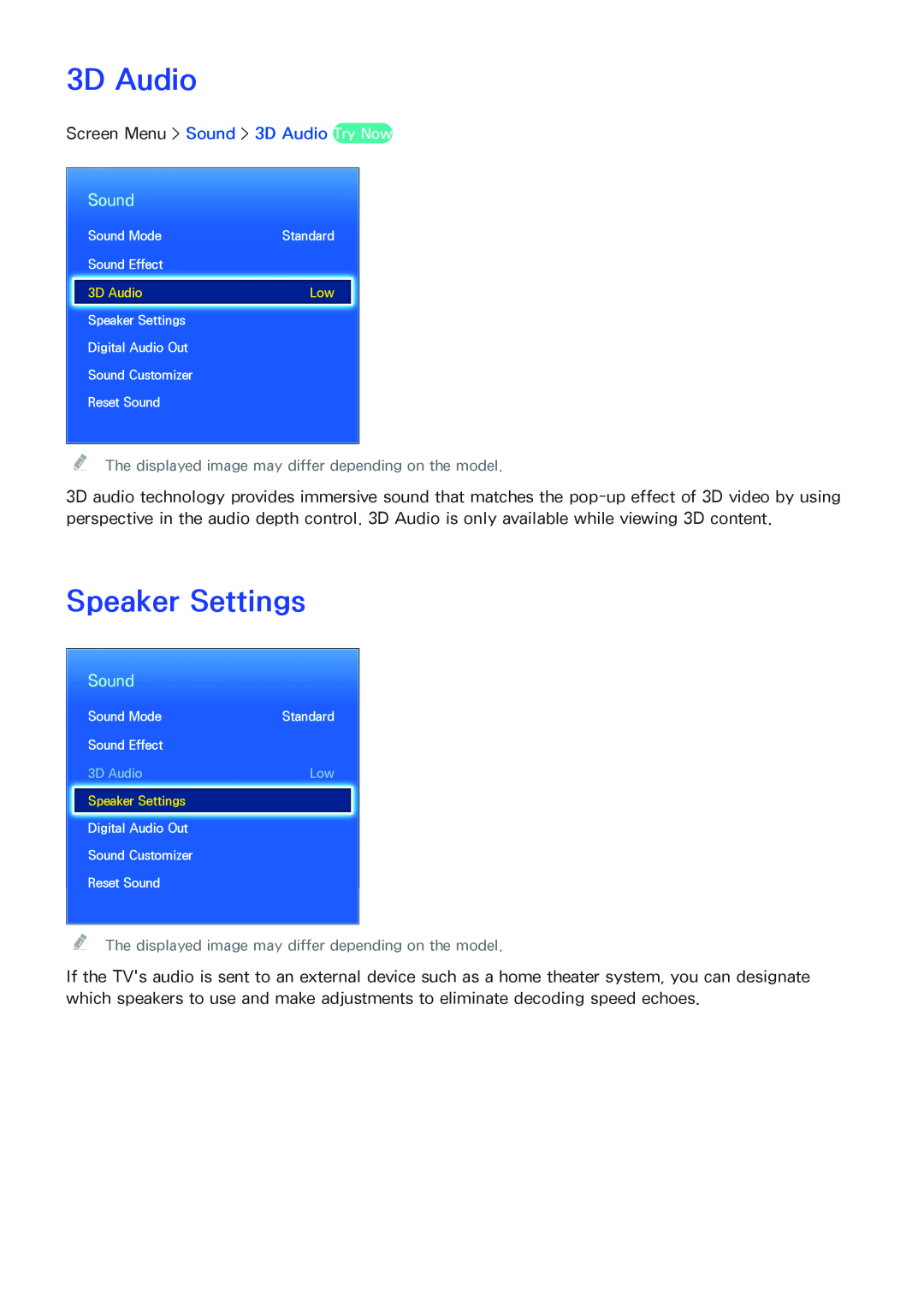 Samsung SEK-1000 manual 3D Audio, Speaker Settings, Sound 