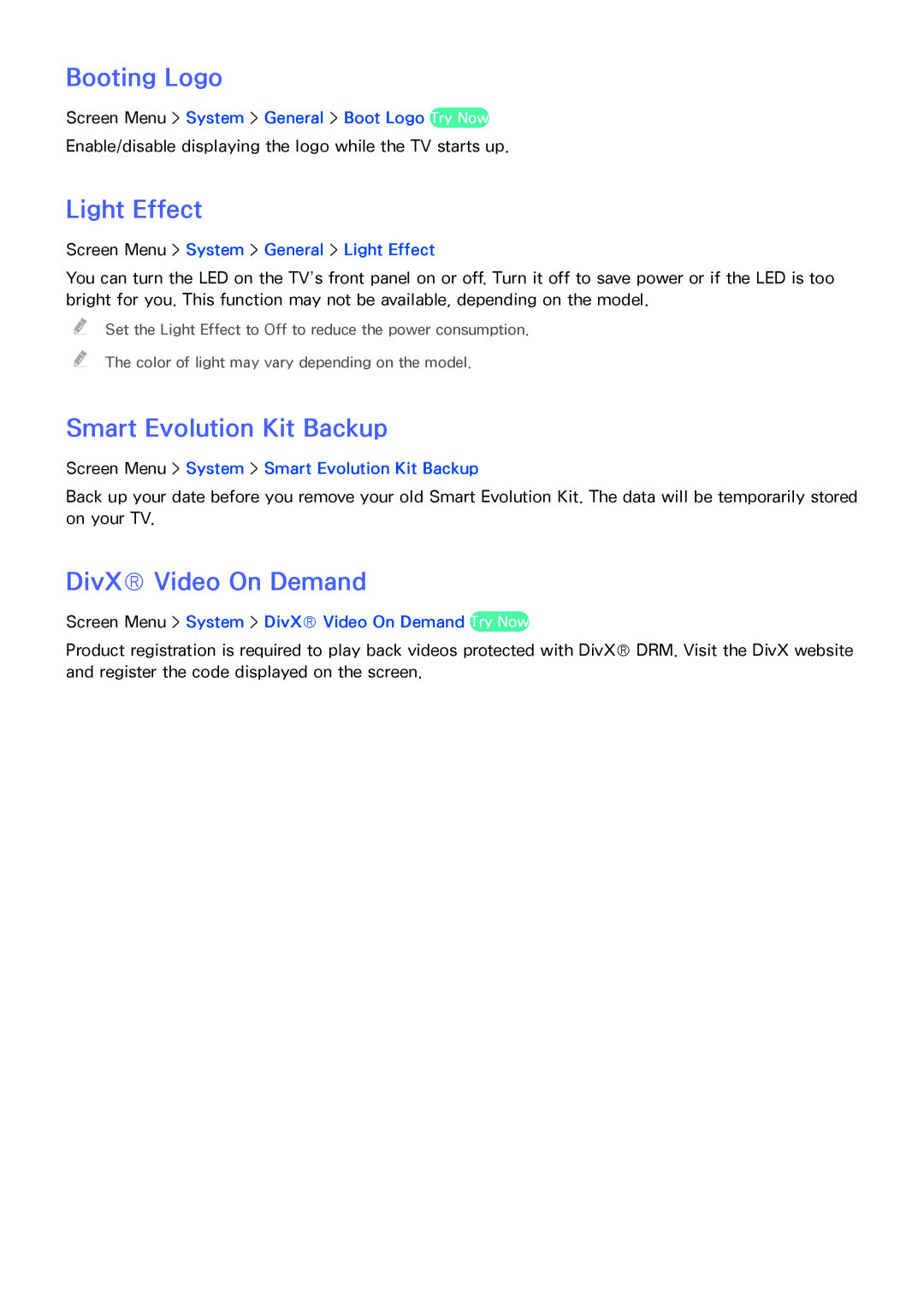 Samsung SEK-1000 manual Booting Logo, Light Effect, Smart Evolution Kit Backup, DivX Video On Demand 