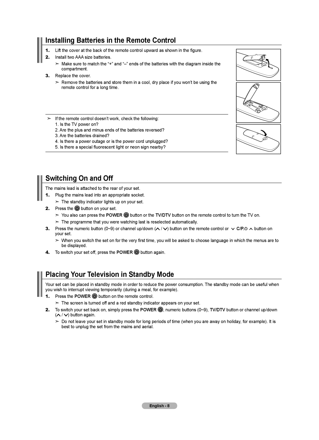 Samsung Series 5 Installing Batteries in the Remote Control, Switching On and Off, Placing Your Television in Standby Mode 