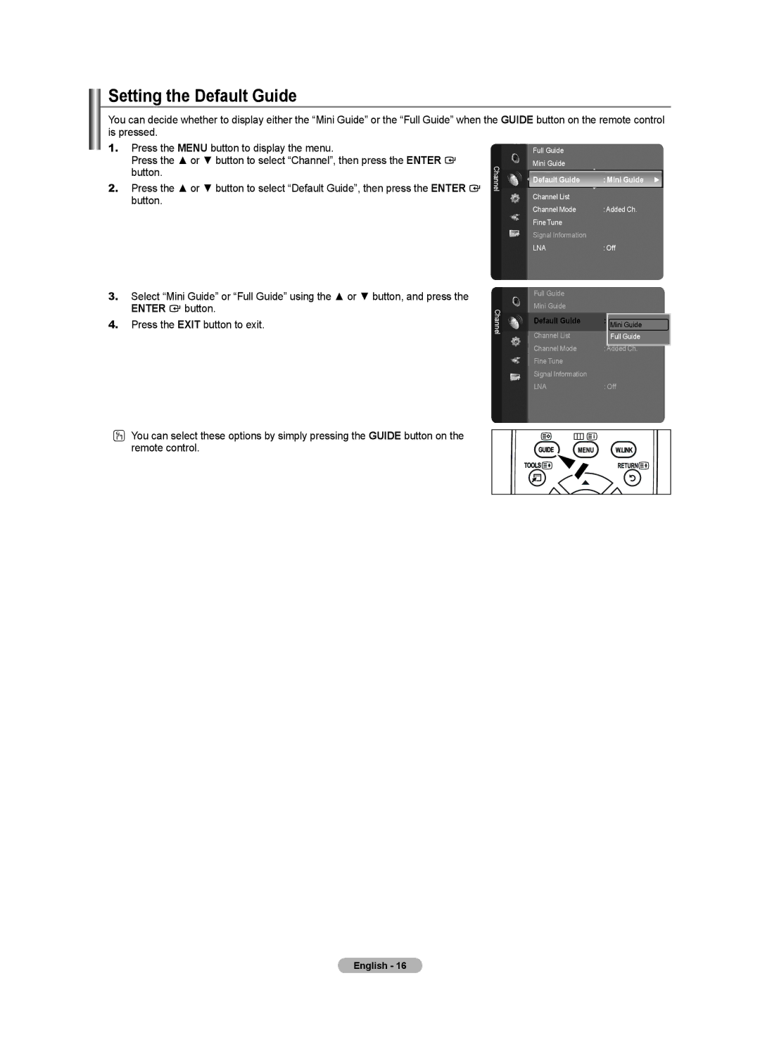 Samsung Series 5 user manual Setting the Default Guide, Default Guide Mini Guide 