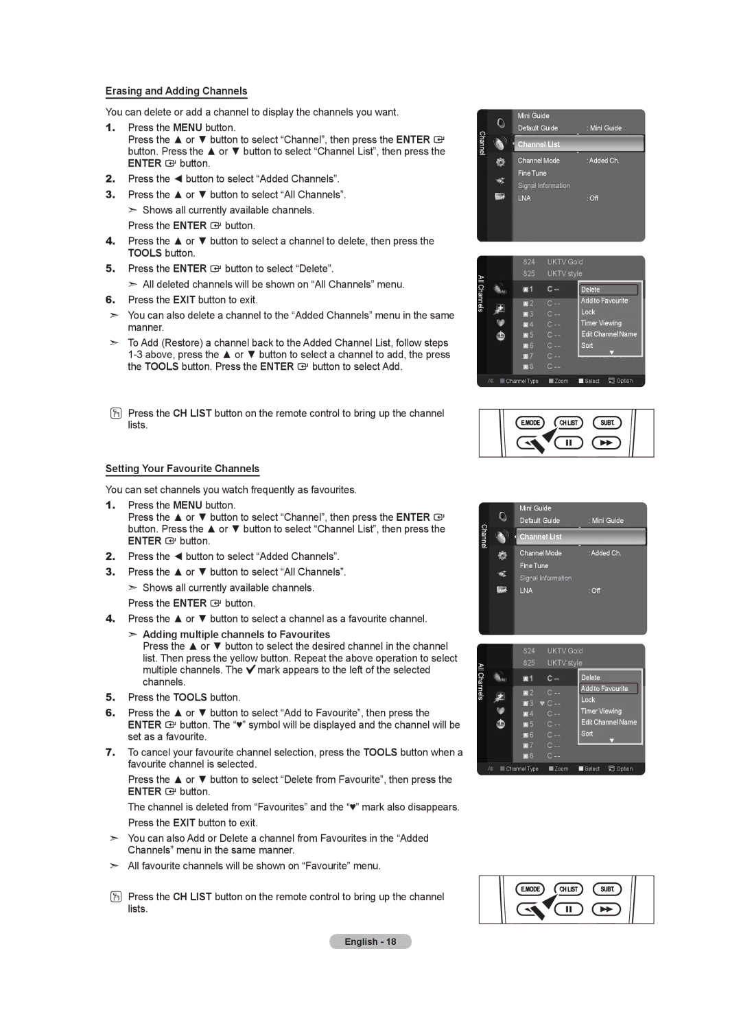 Samsung Series 5 Erasing and Adding Channels, Setting Your Favourite Channels, Adding multiple channels to Favourites 