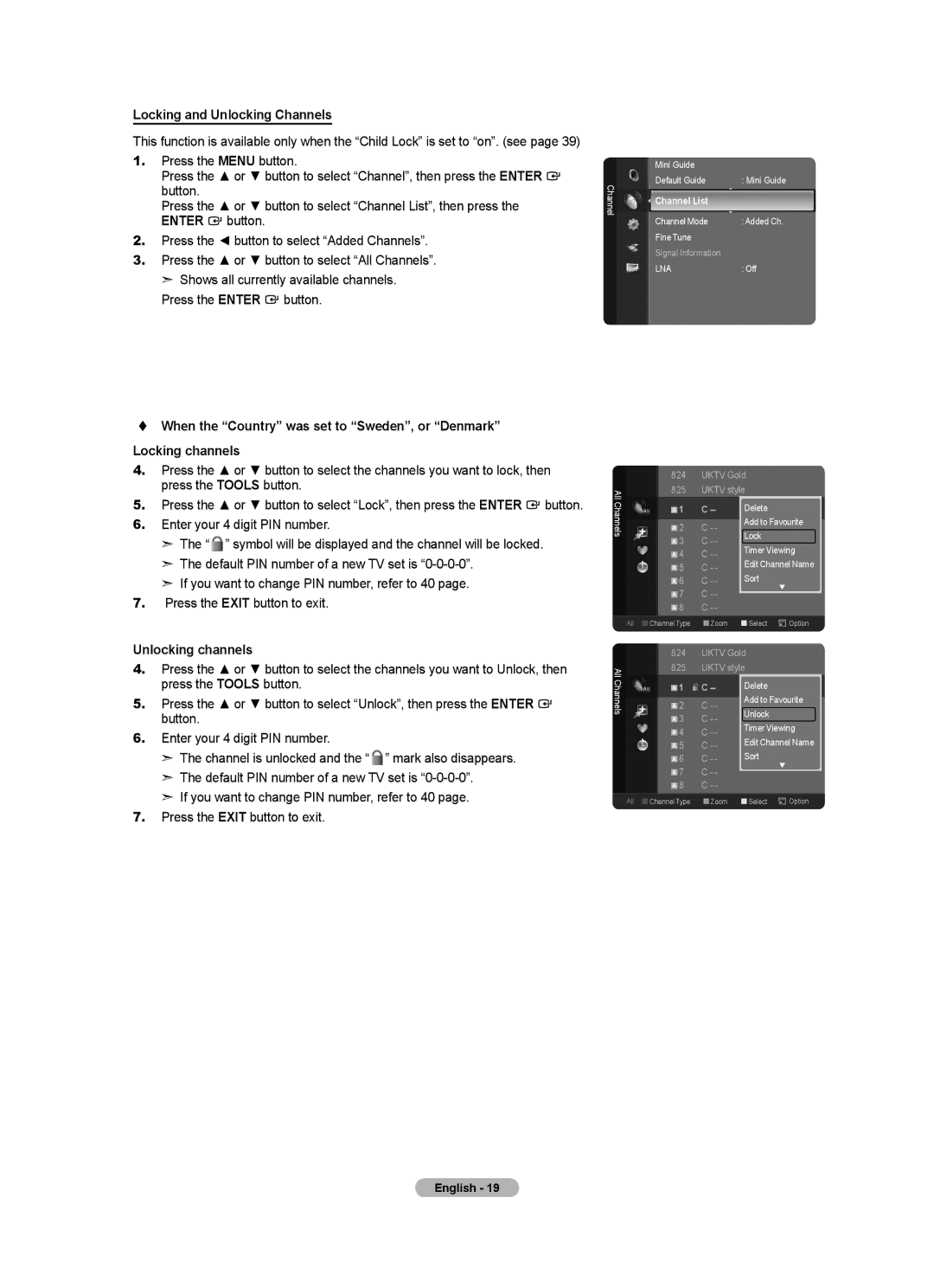 Samsung Series 5 user manual Locking and Unlocking Channels, Unlocking channels 