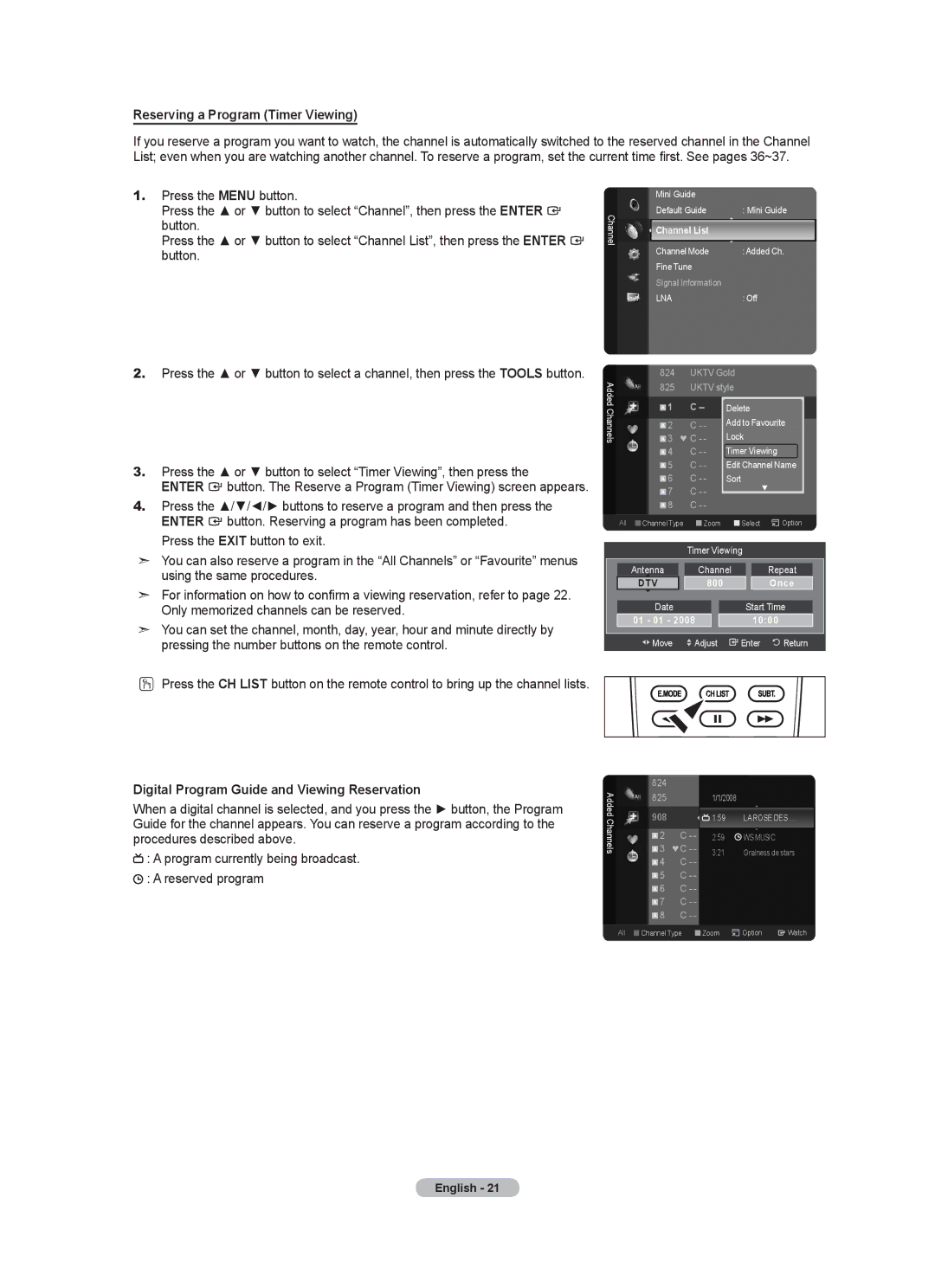 Samsung Series 5 user manual Reserving a Program Timer Viewing, Press the or button to select Timer Viewing, then press 