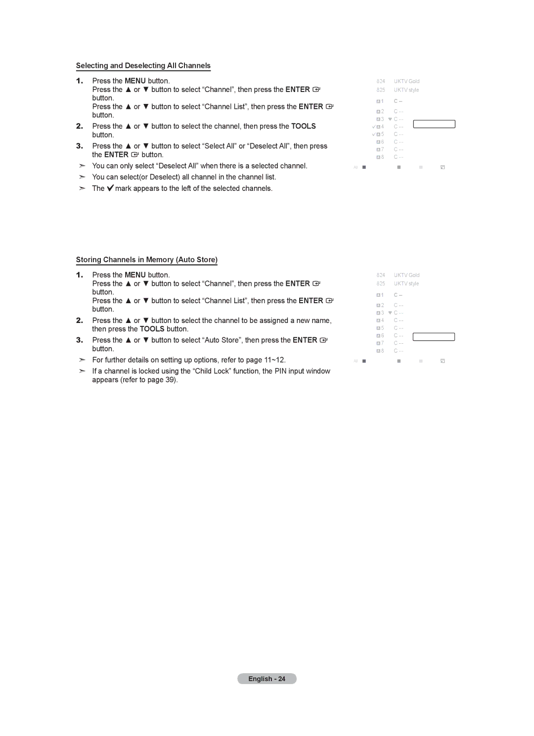 Samsung Series 5 user manual Selecting and Deselecting All Channels, Storing Channels in Memory Auto Store 