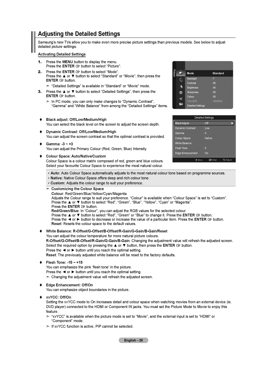 Samsung Series 5 user manual Adjusting the Detailed Settings 