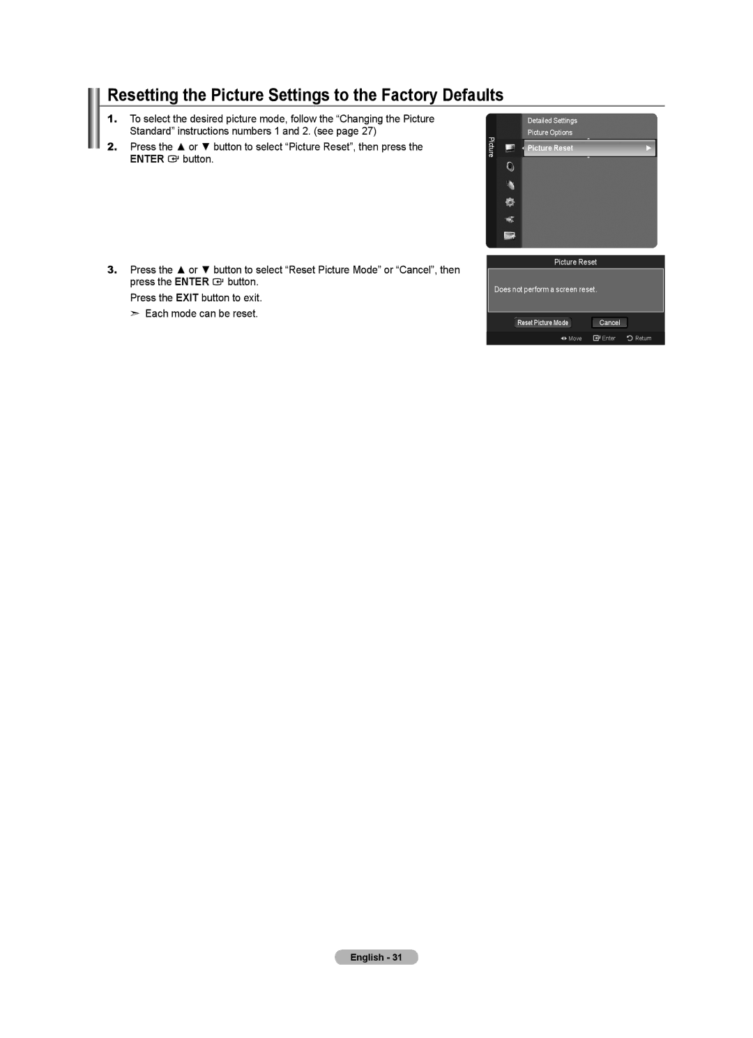 Samsung Series 5 user manual Resetting the Picture Settings to the Factory Defaults, Picture Reset 