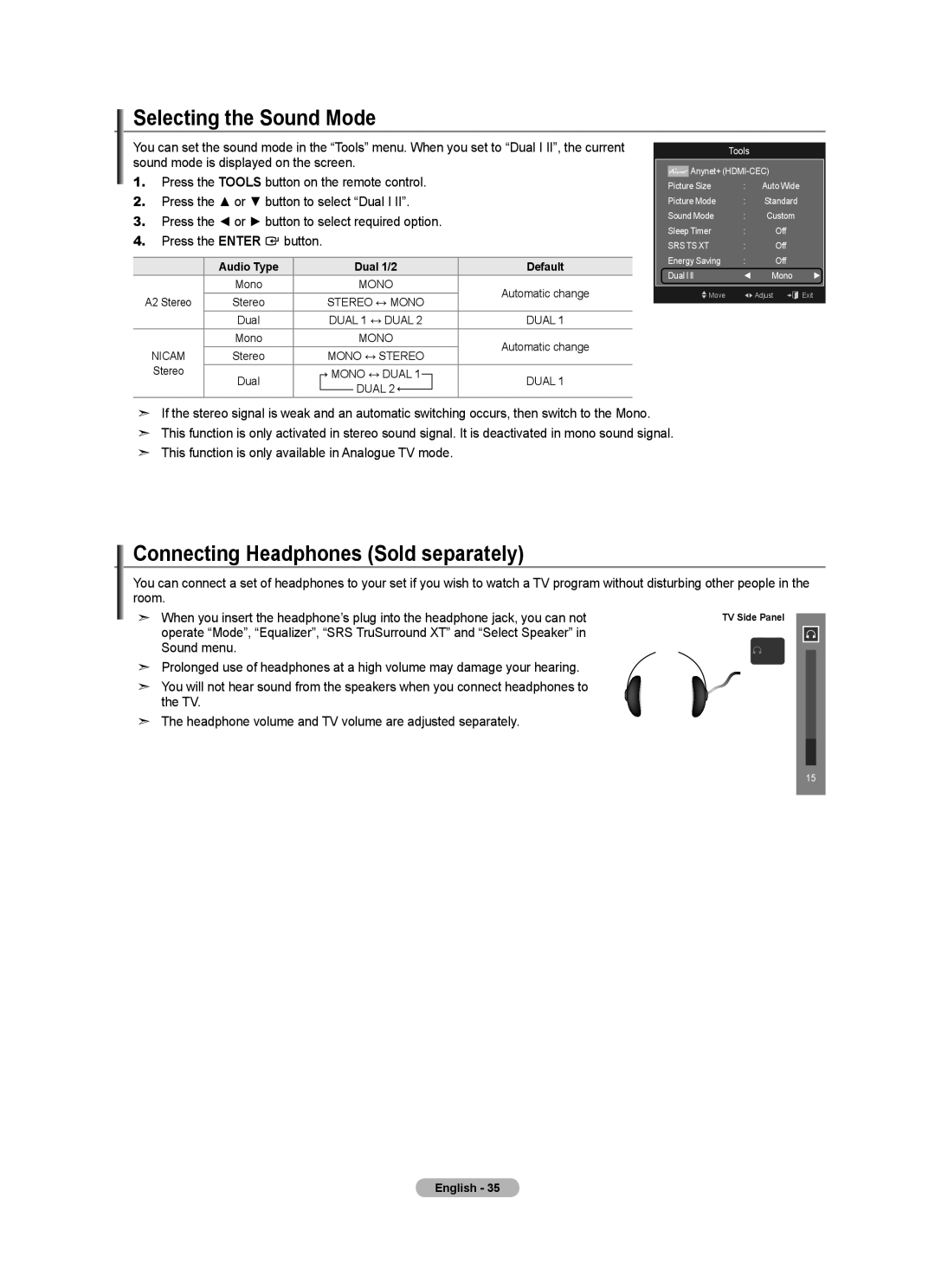 Samsung Series 5 user manual Selecting the Sound Mode, Connecting Headphones Sold separately 