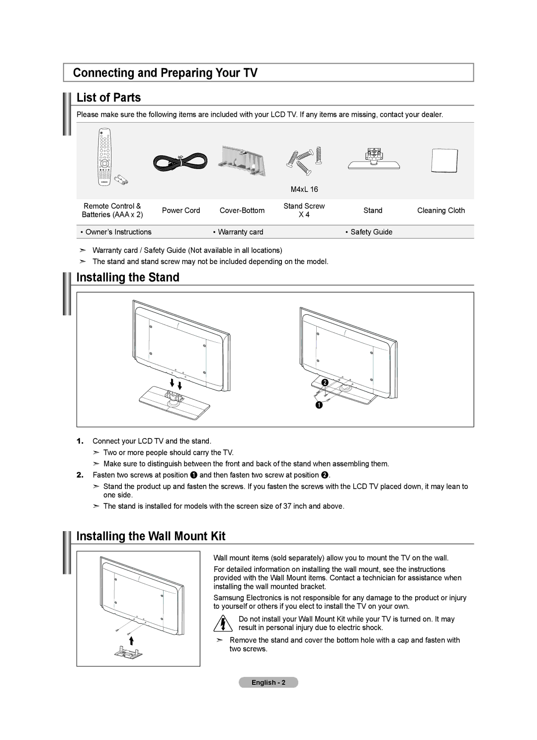 Samsung Series 5 Connecting and Preparing Your TV List of Parts, Installing the Stand, Installing the Wall Mount Kit 