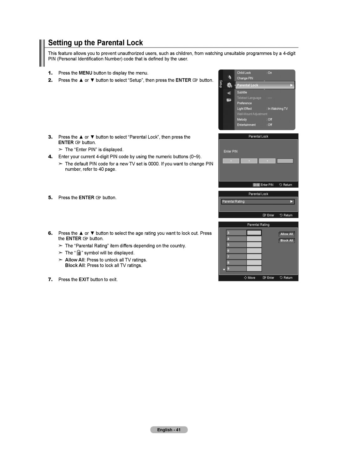 Samsung Series 5 user manual Setting up the Parental Lock 