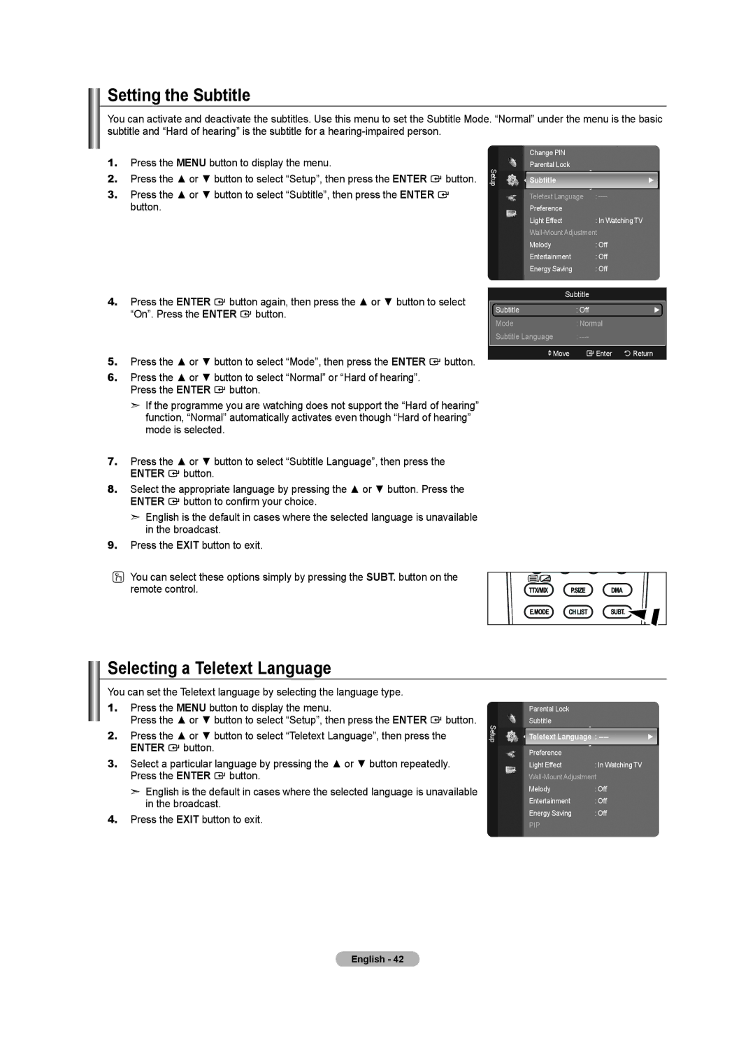 Samsung Series 5 user manual Setting the Subtitle, Selecting a Teletext Language 