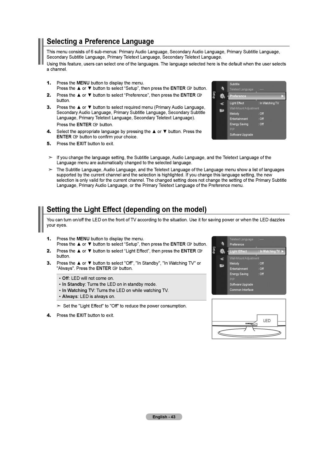 Samsung Series 5 user manual Selecting a Preference Language, Setting the Light Effect depending on the model 