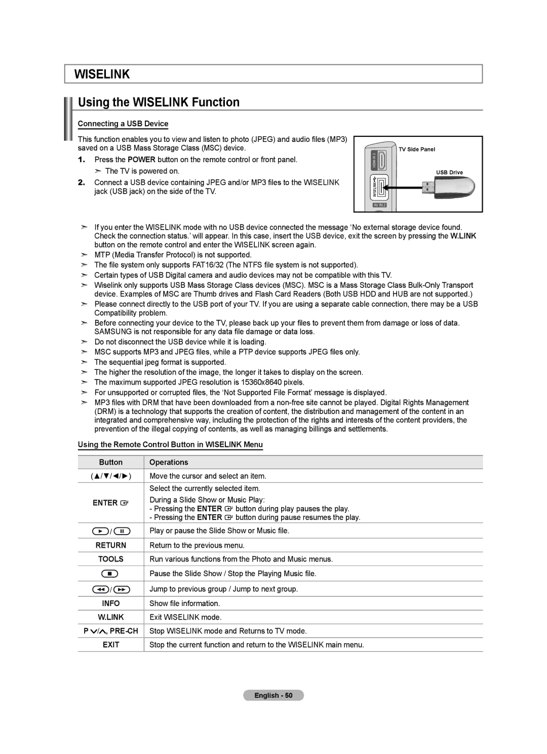 Samsung Series 5 user manual Using the Wiselink Function, Connecting a USB Device, Pre-Ch 