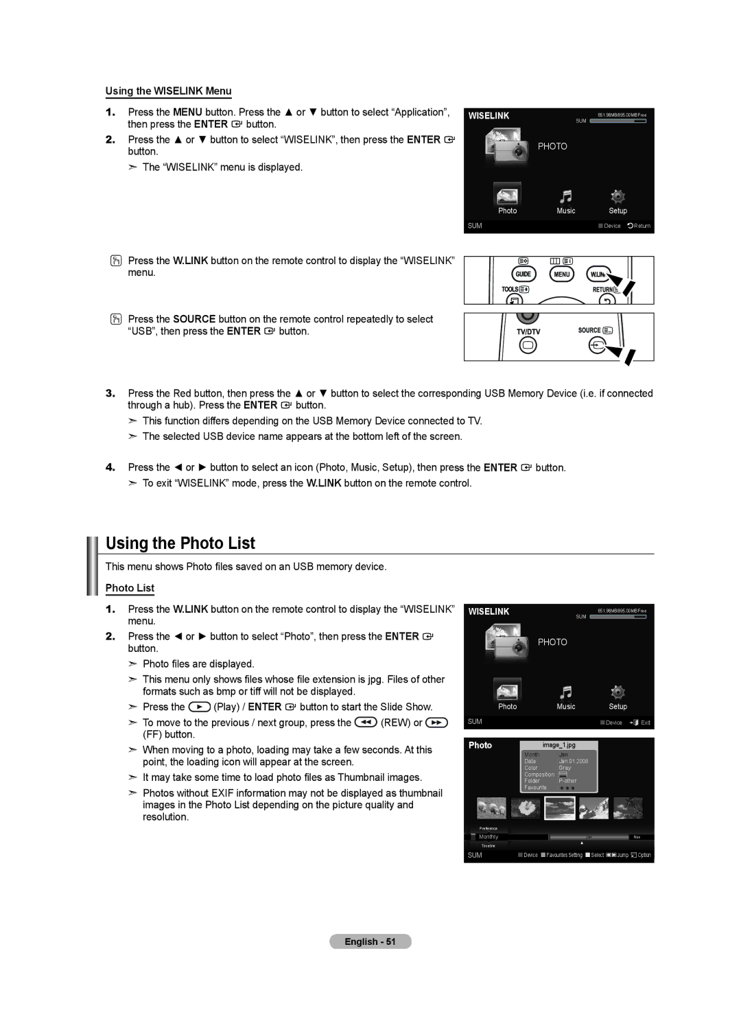 Samsung Series 5 Using the Photo List, Using the Wiselink Menu, This menu shows Photo files saved on an USB memory device 