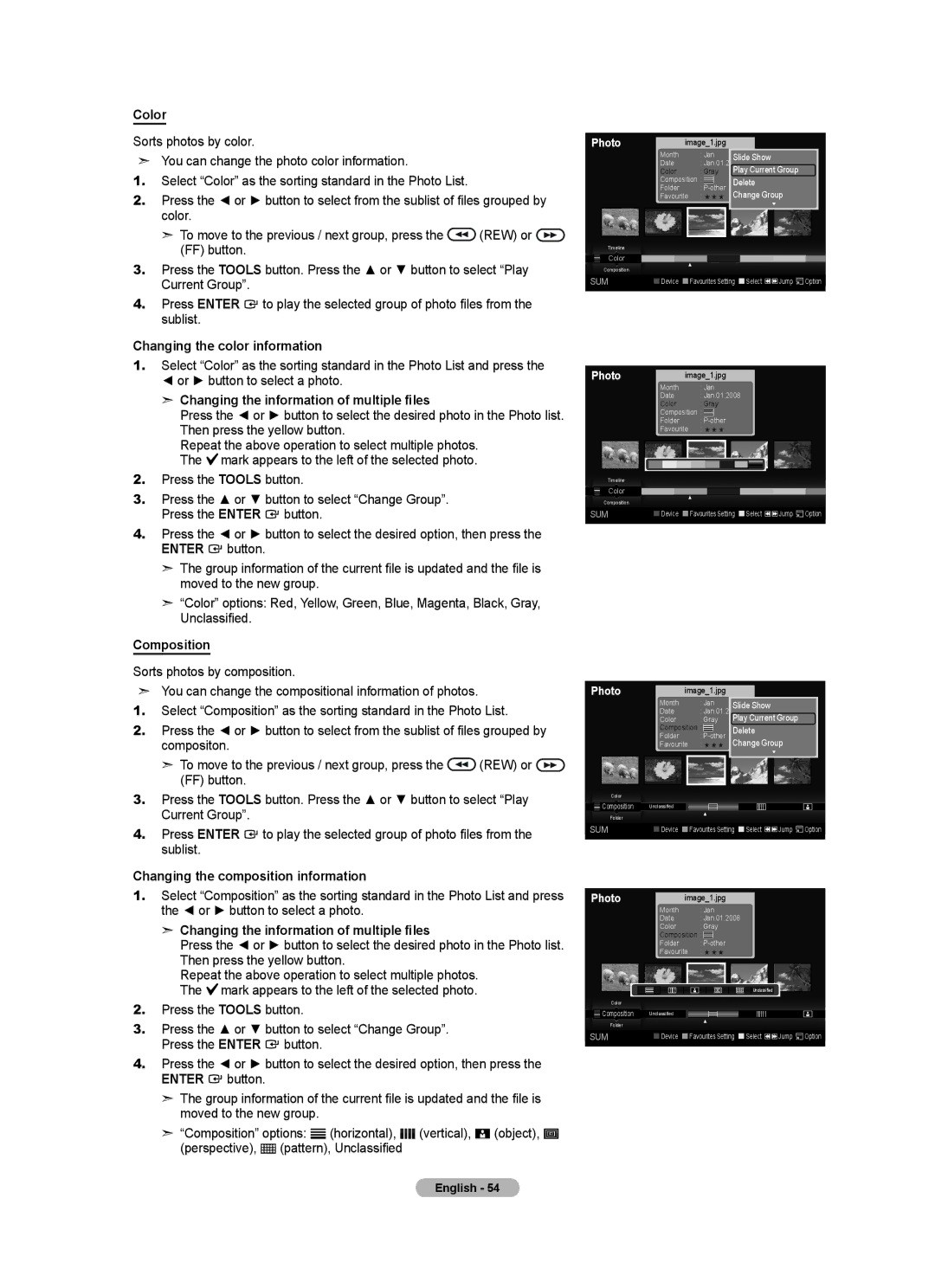 Samsung Series 5 user manual Color, Changing the color information, Changing the information of multiple files, Composition 