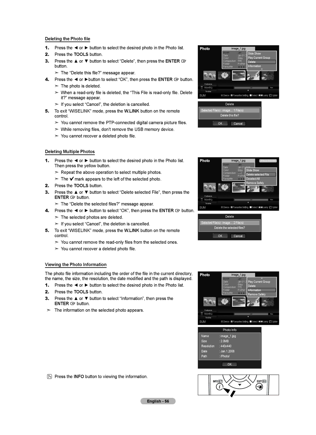 Samsung Series 5 Deleting the Photo file, Deleting Multiple Photos, Enter button Delete the selected files? message appear 