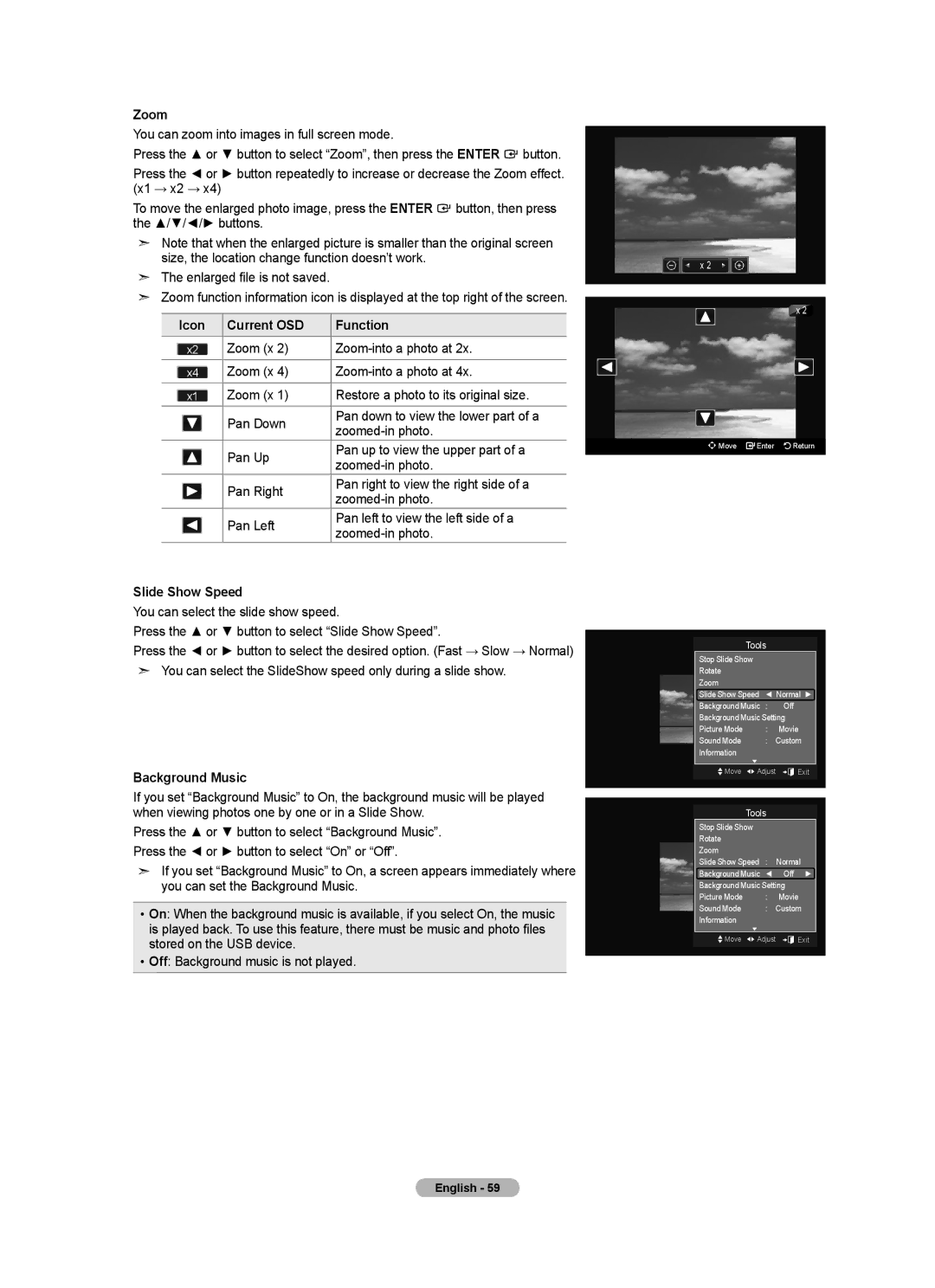 Samsung Series 5 user manual Zoom, Slide Show Speed, Background Music 